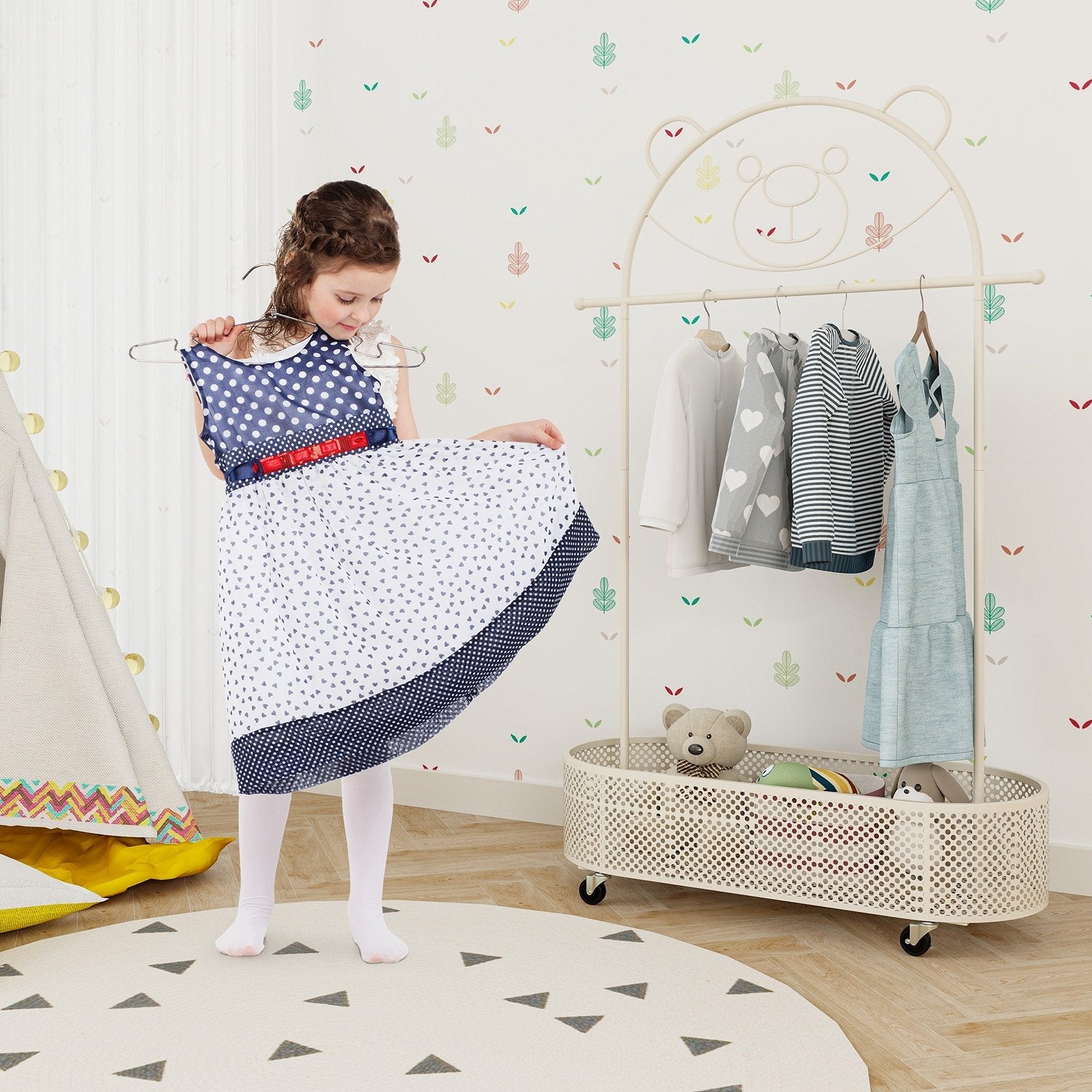 Kid Clothes Rack with 3 Adjustable Heights and Wheels-Pink