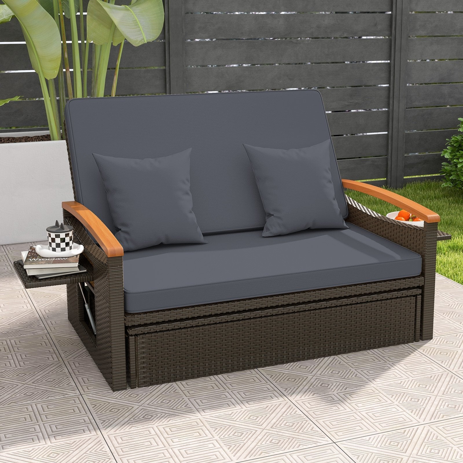 Outdoor Wicker Daybed with Folding Panels and Storage Ottoman-Beige