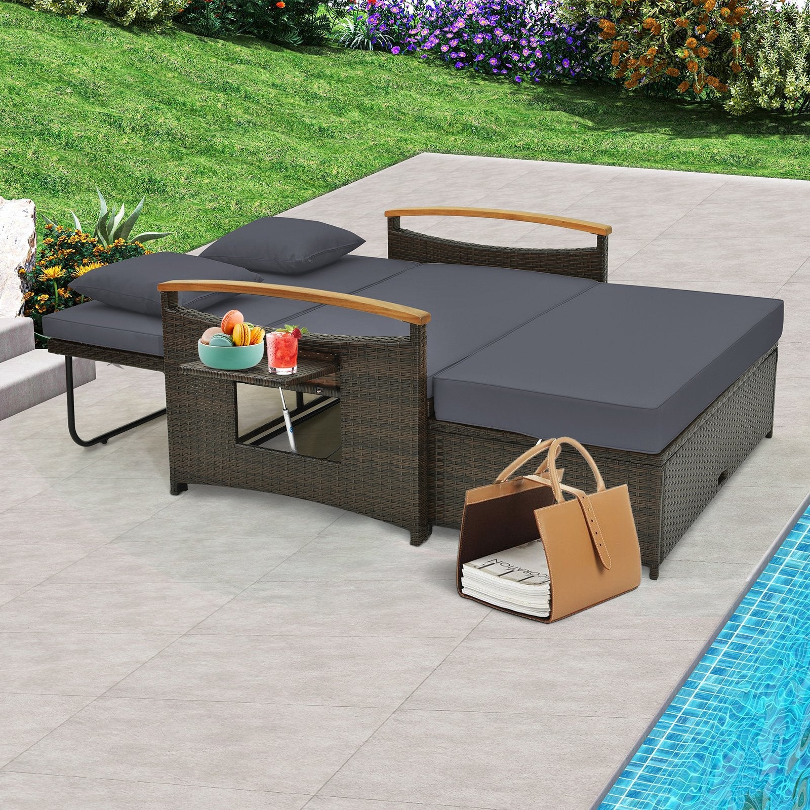 Outdoor Wicker Daybed with Folding Panels and Storage Ottoman-Beige