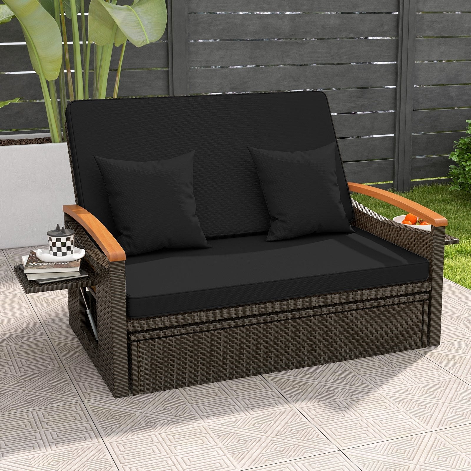 Outdoor Wicker Daybed with Folding Panels and Storage Ottoman-Beige