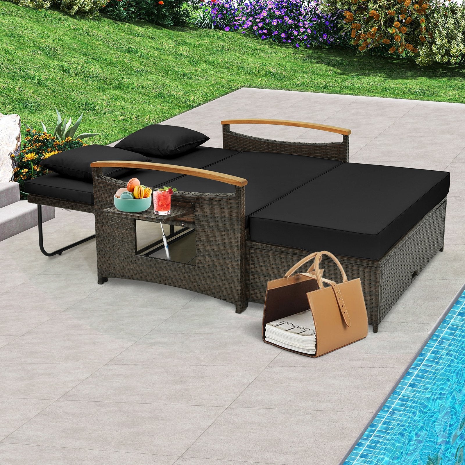 Outdoor Wicker Daybed with Folding Panels and Storage Ottoman-Beige
