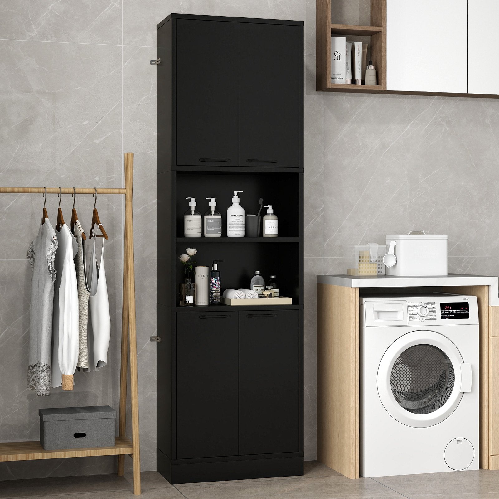 75 Inch Kitchen Pantry Cabinet Tall Cupboard with Doors and Shelves-Black