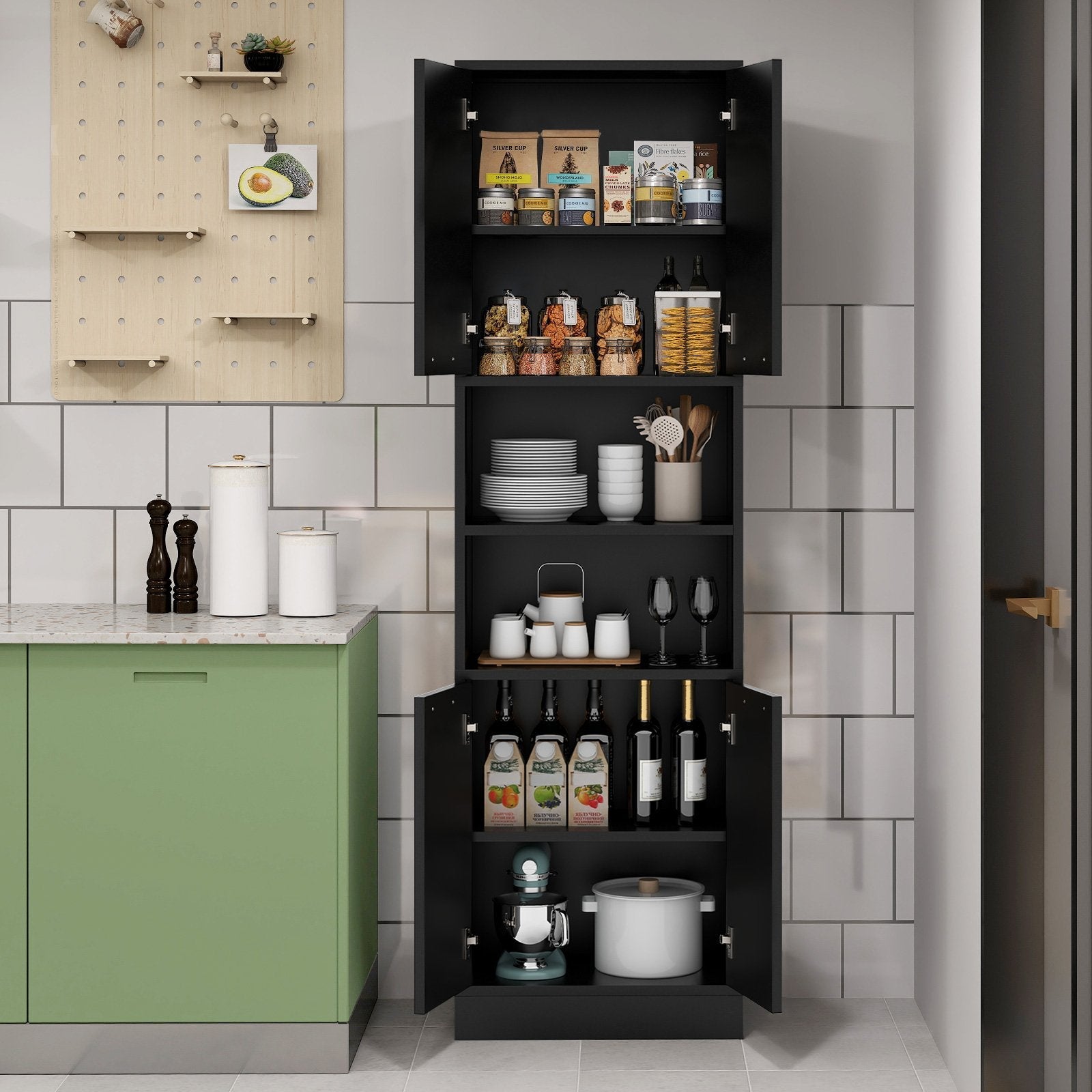 75 Inch Kitchen Pantry Cabinet Tall Cupboard with Doors and Shelves-Black