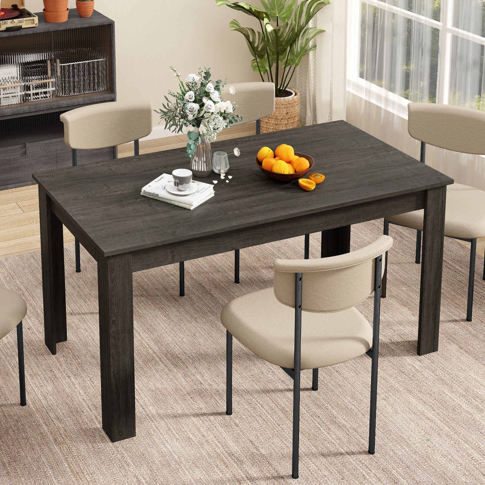 63 Inch Rectangular Modern Dining Kitchen Table for 6 People-Black