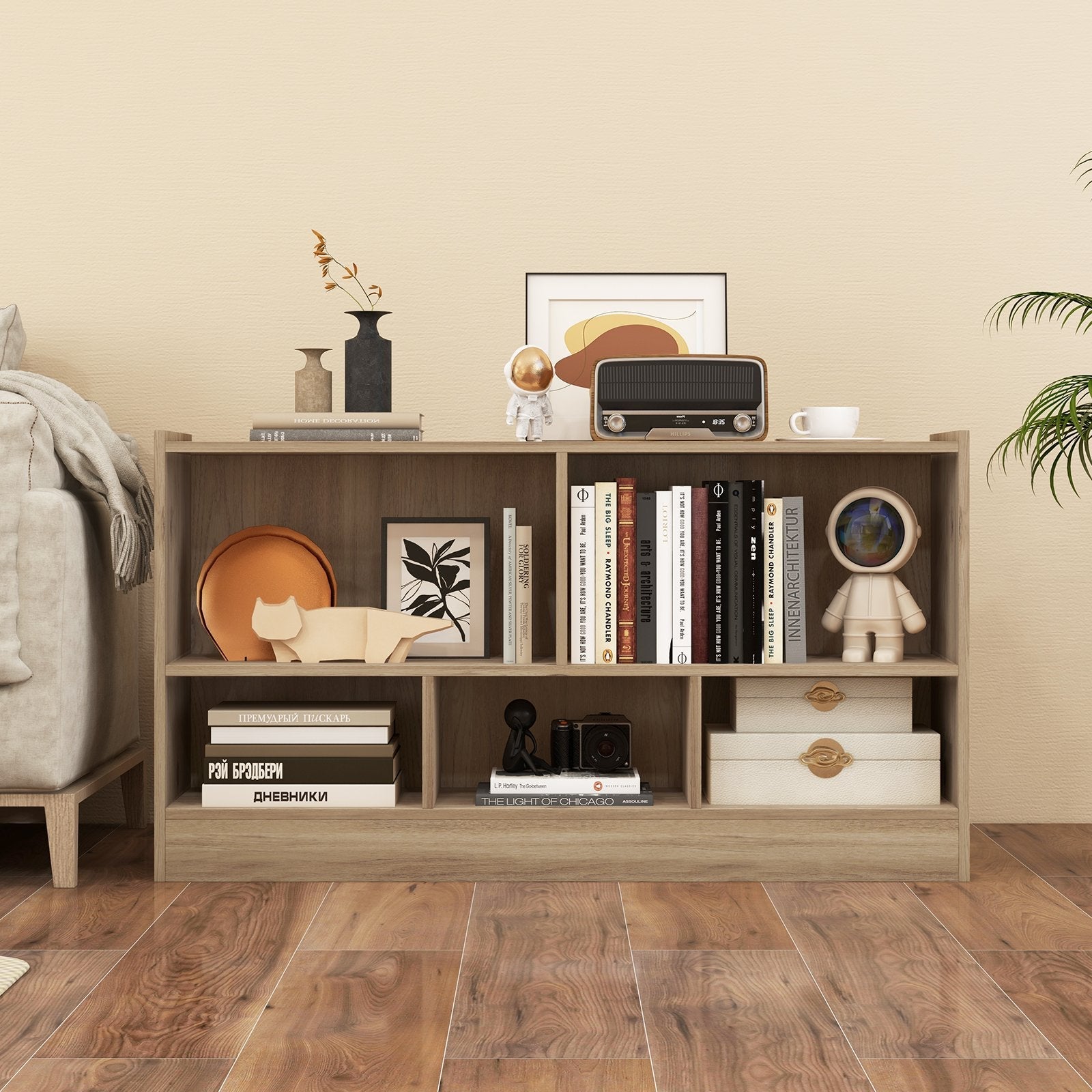 Kids 2-Shelf Bookcase 5-Cube Wood Toy Storage Cabinet Organizer-Beige