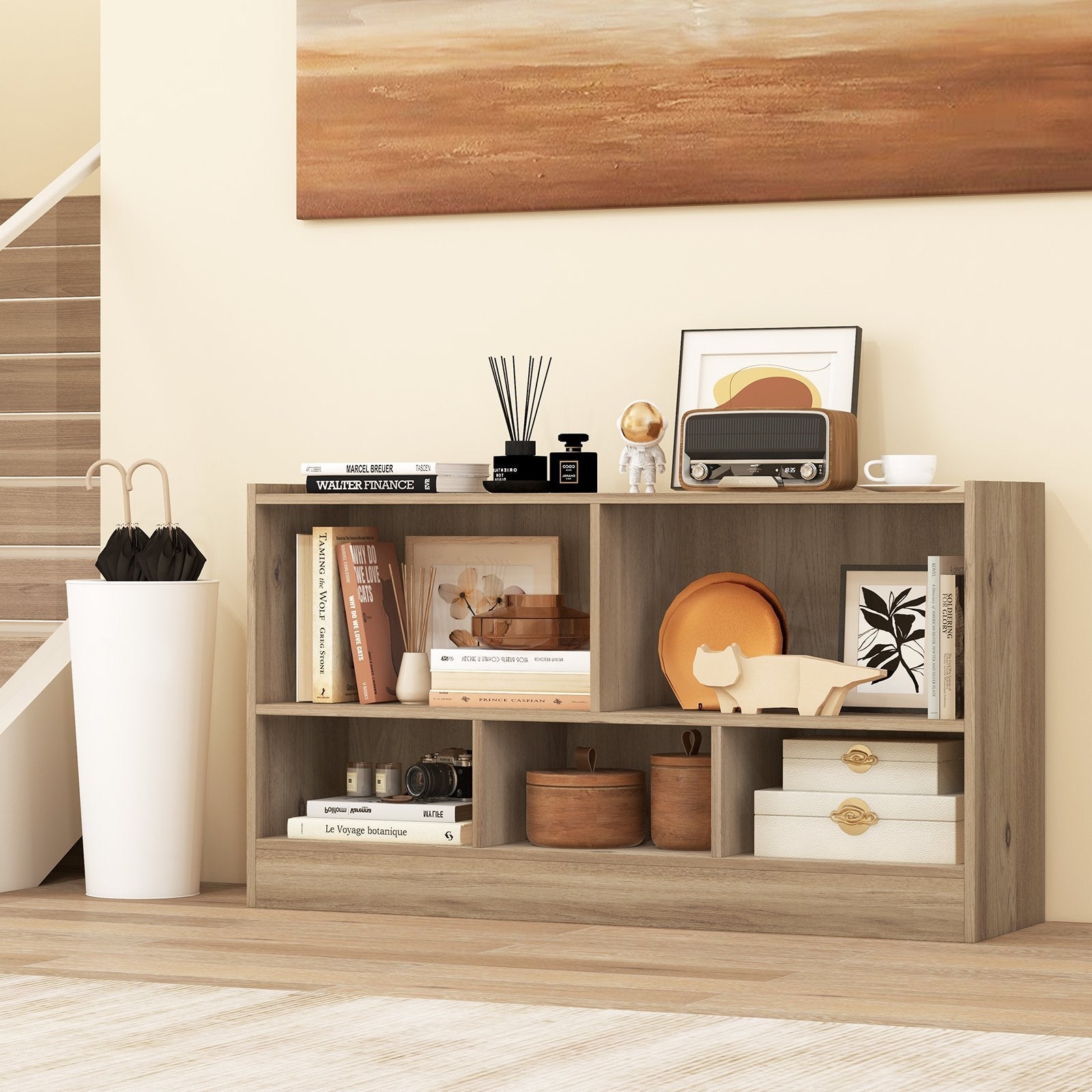 Kids 2-Shelf Bookcase 5-Cube Wood Toy Storage Cabinet Organizer-Beige