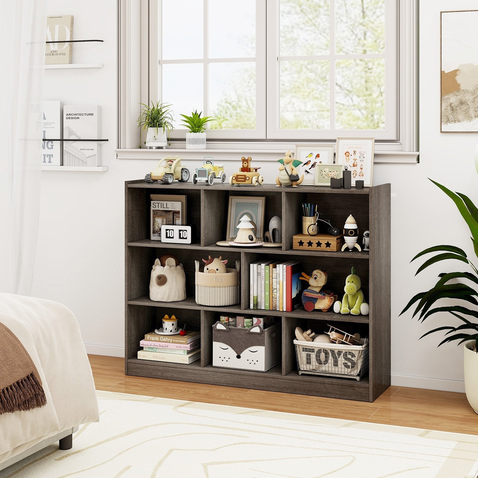 3-Tier Open Bookcase 8-Cube Floor Standing Storage Shelves-Blue