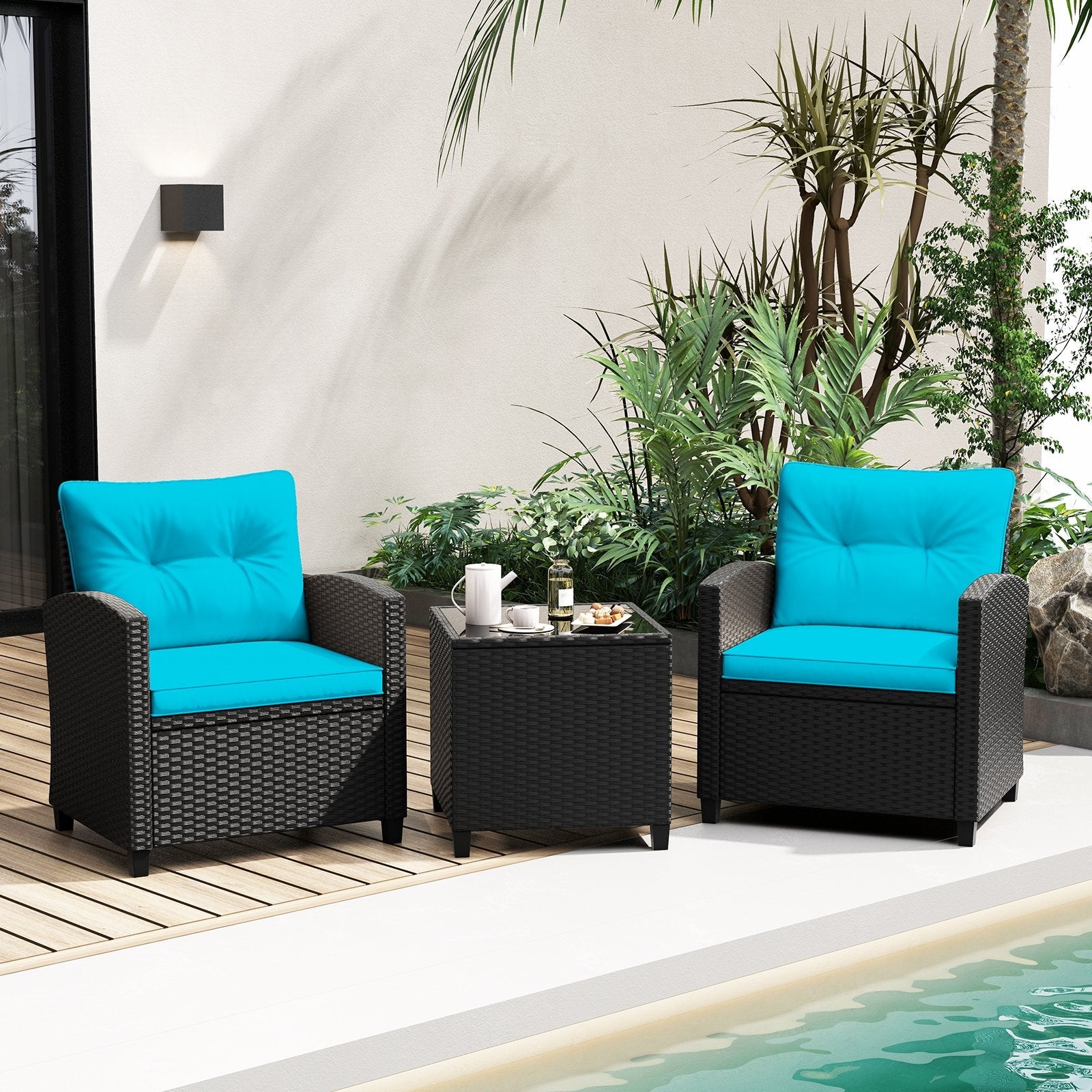 3 Pieces Patio Furniture Set with Tempered Glass Coffee Table-Black