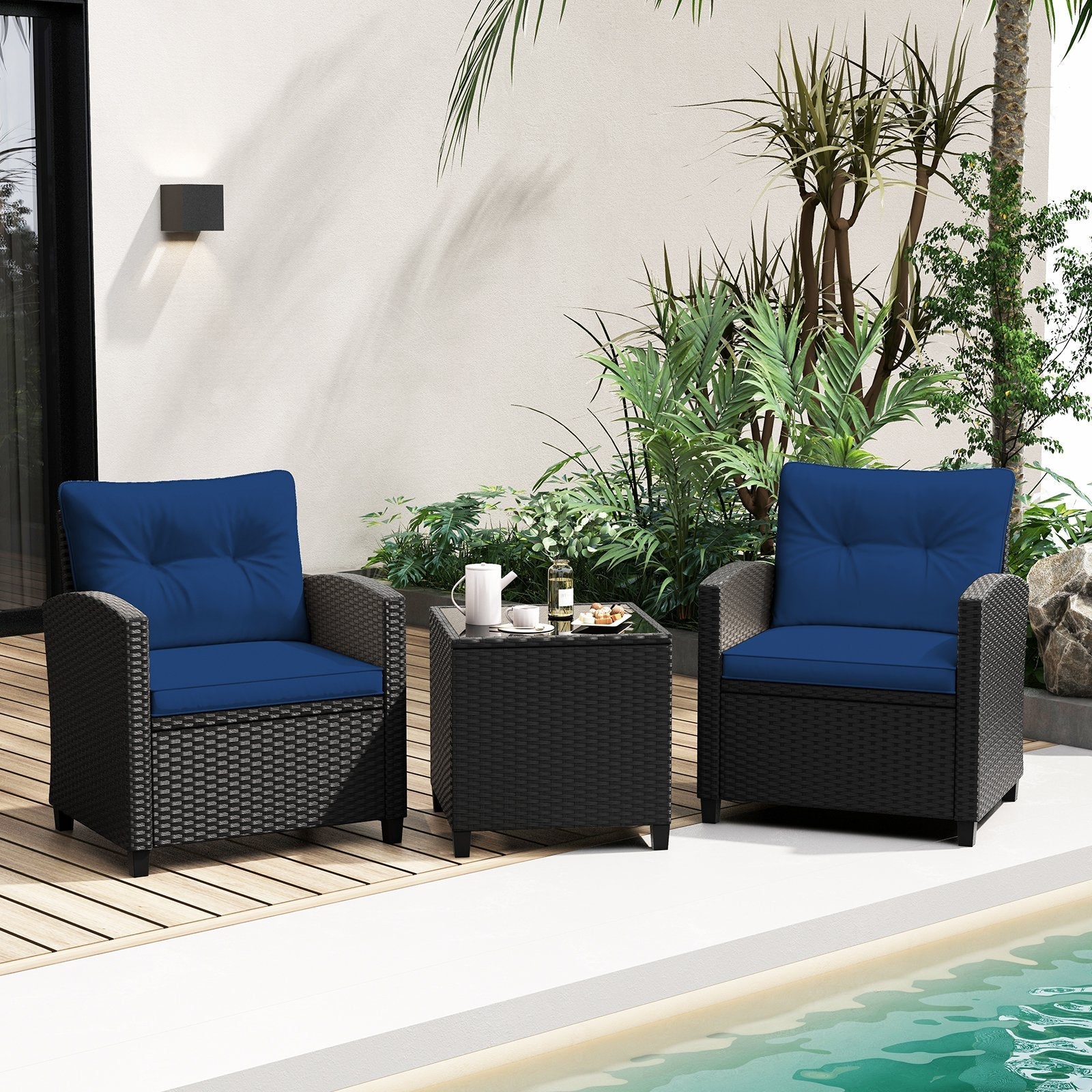 3 Pieces Patio Furniture Set with Tempered Glass Coffee Table-Black