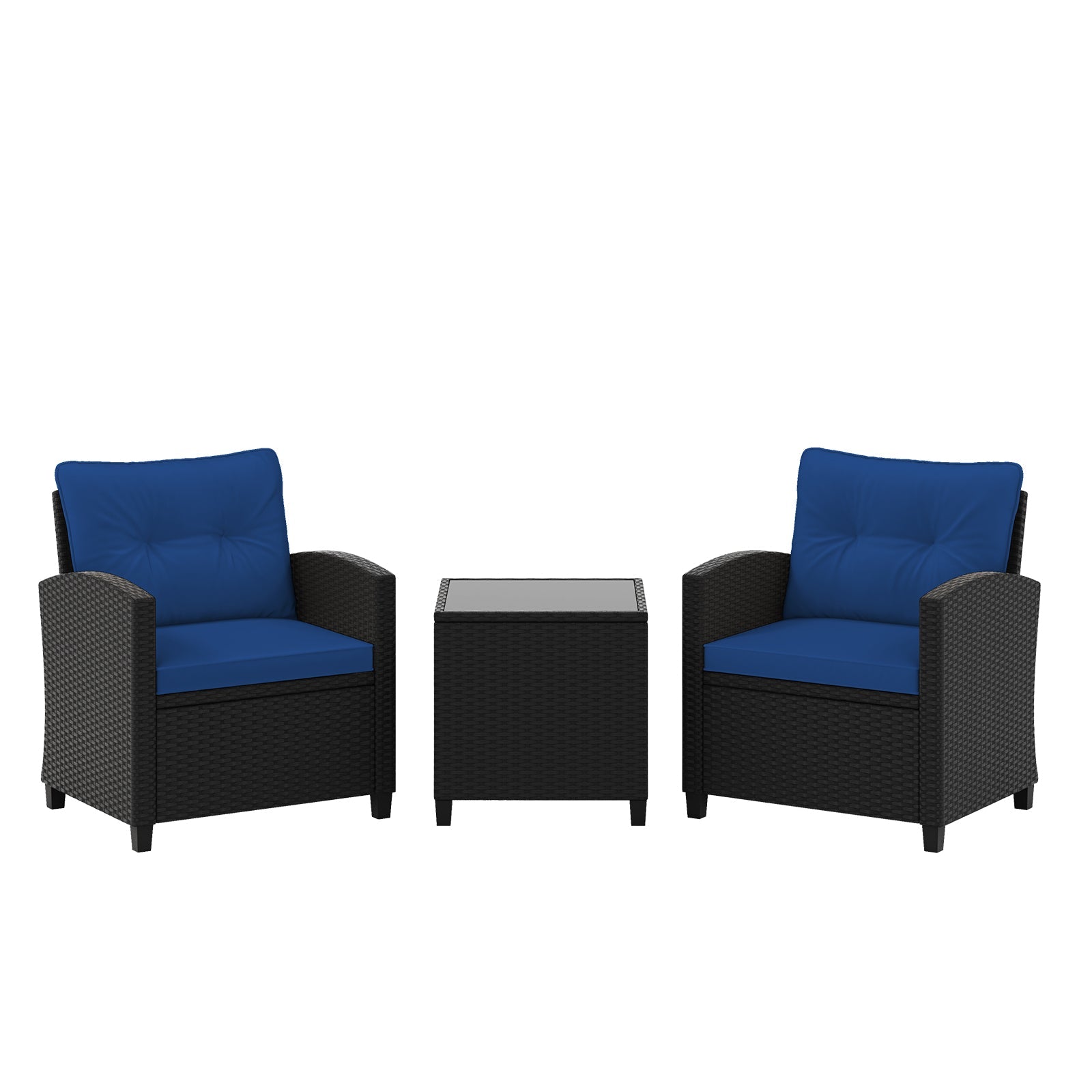 3 Pieces Patio Furniture Set with Tempered Glass Coffee Table-Black