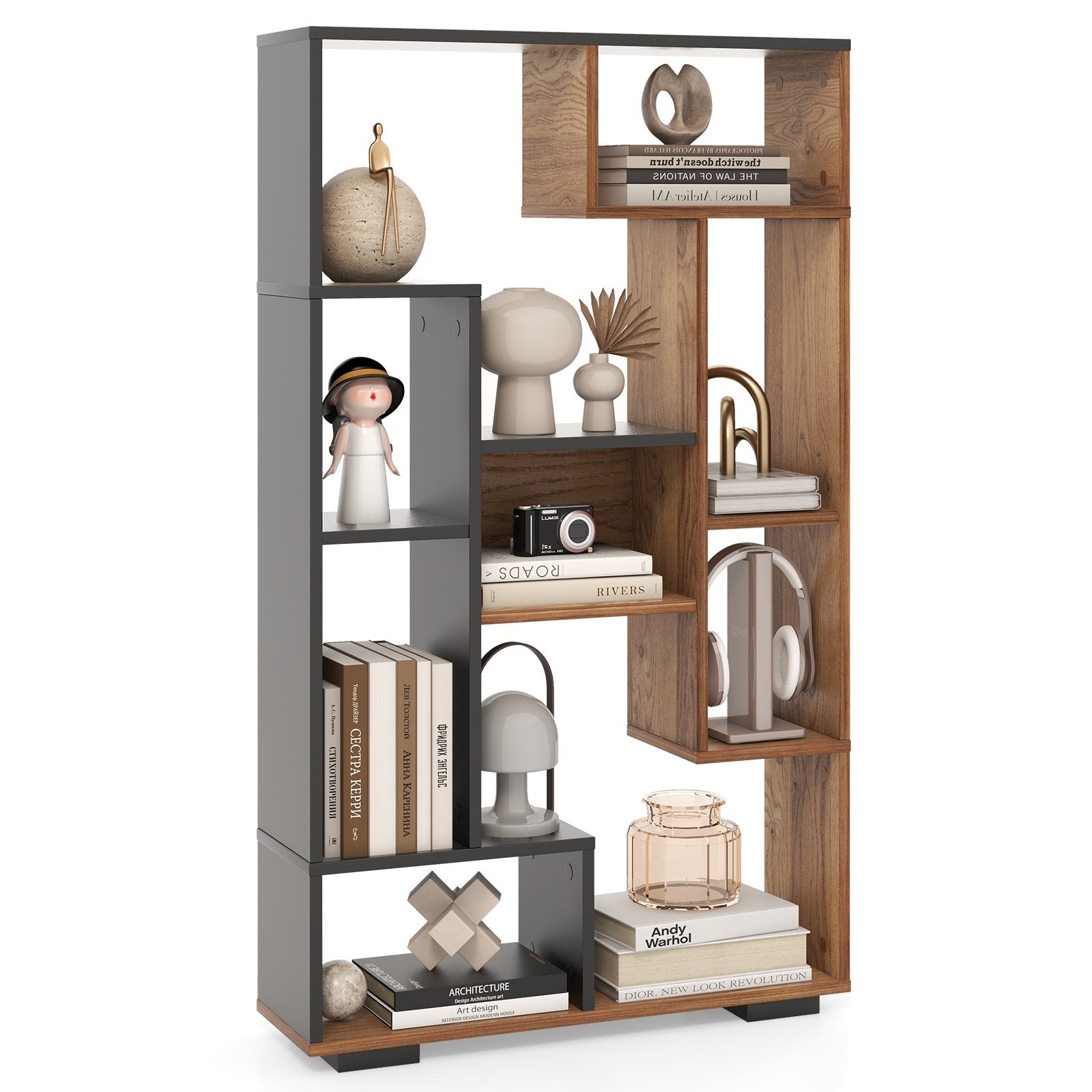 47-Inch Tall Bookshelf for Home Office Living Room-Natural & Black