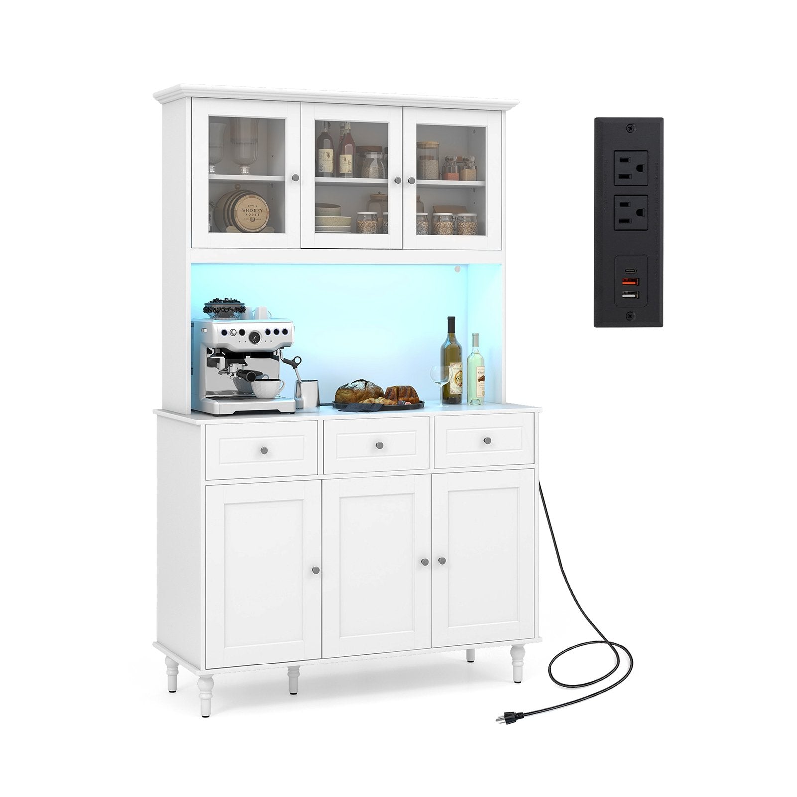77 Inches Kitchen Pantry Storage Cabinet with LED Lights and Power Outlets-White