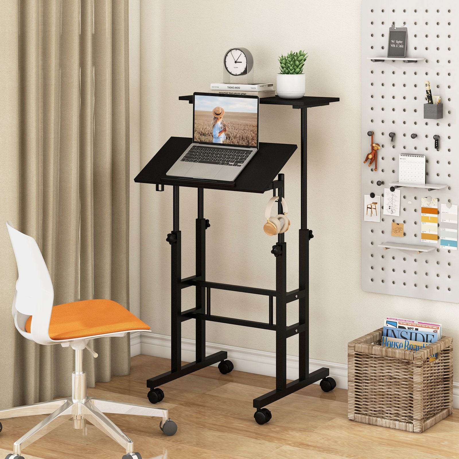 Height Adjustable Mobile Standing Desk with Rolling Wheels for Office and Home-Black