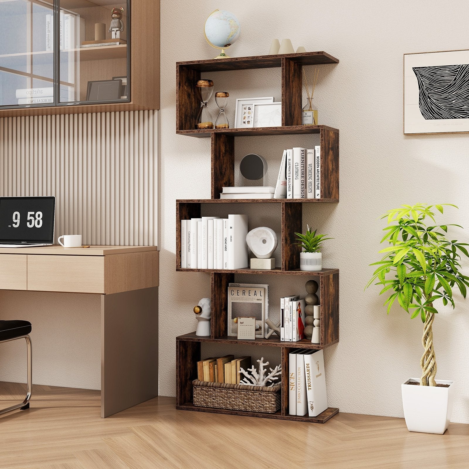 5-Tier Bookshelf with Anti-Toppling Device for Living Room Home Office-Black