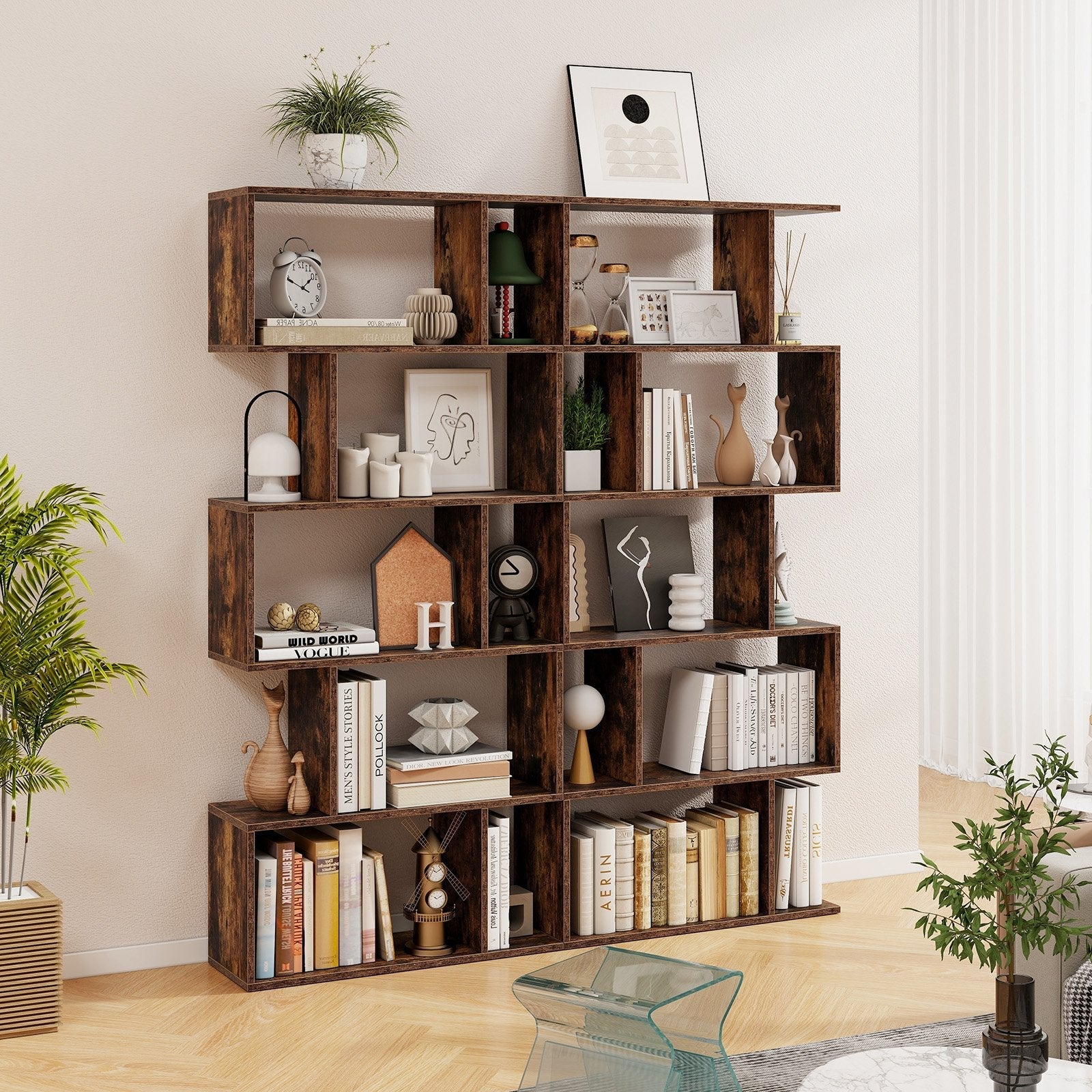 5-Tier Bookshelf with Anti-Toppling Device for Living Room Home Office-Black