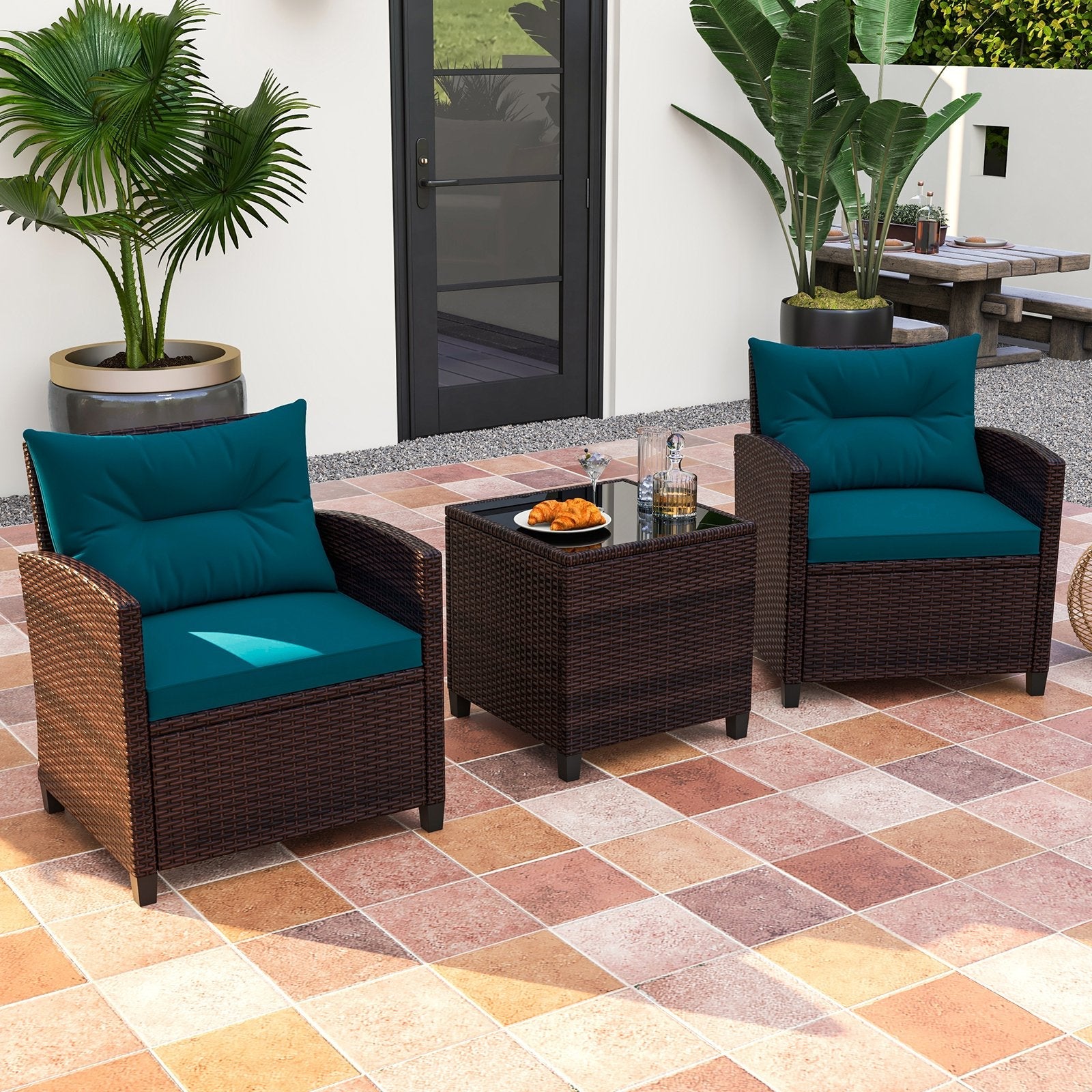 3 Pieces Patio Rattan Furniture Set with 4 Removable Cushions