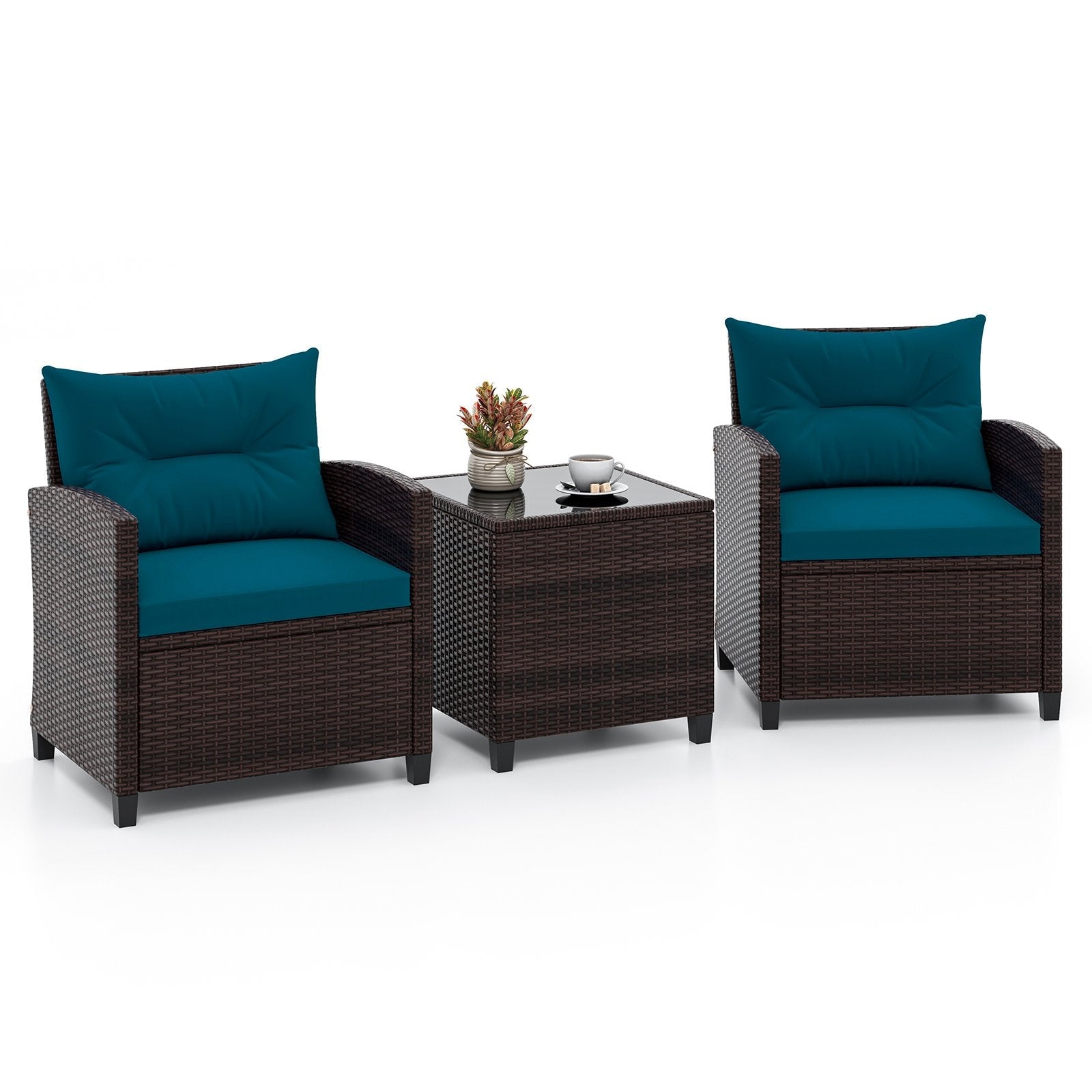 3 Pieces Patio Rattan Furniture Set with 4 Removable Cushions
