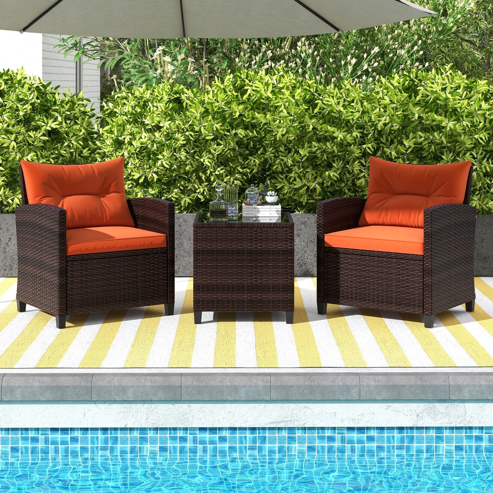 3 Pieces Patio Rattan Furniture Set with 4 Removable Cushions