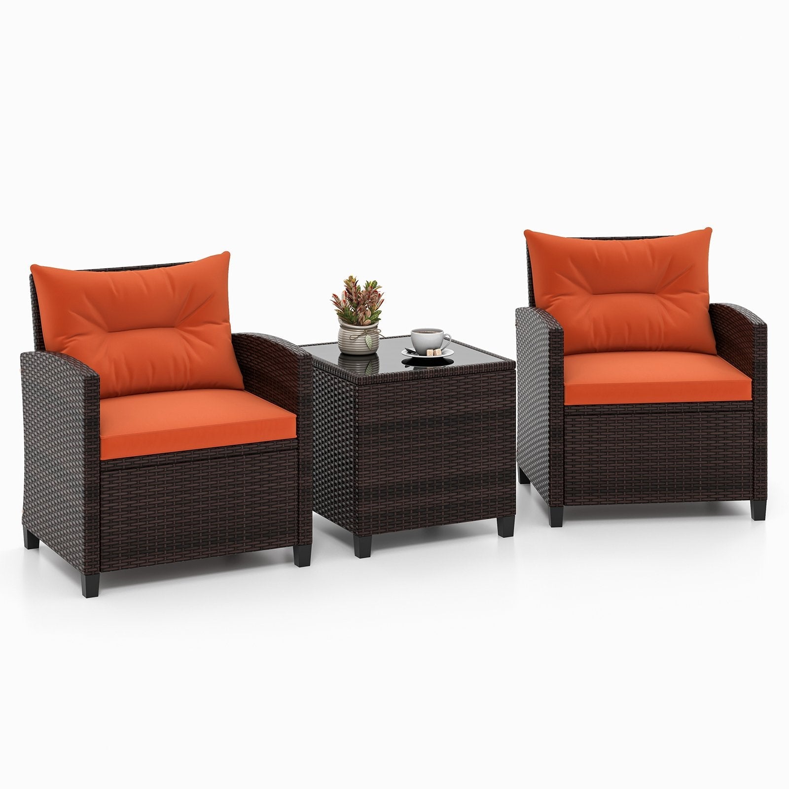 3 Pieces Patio Rattan Furniture Set with 4 Removable Cushions