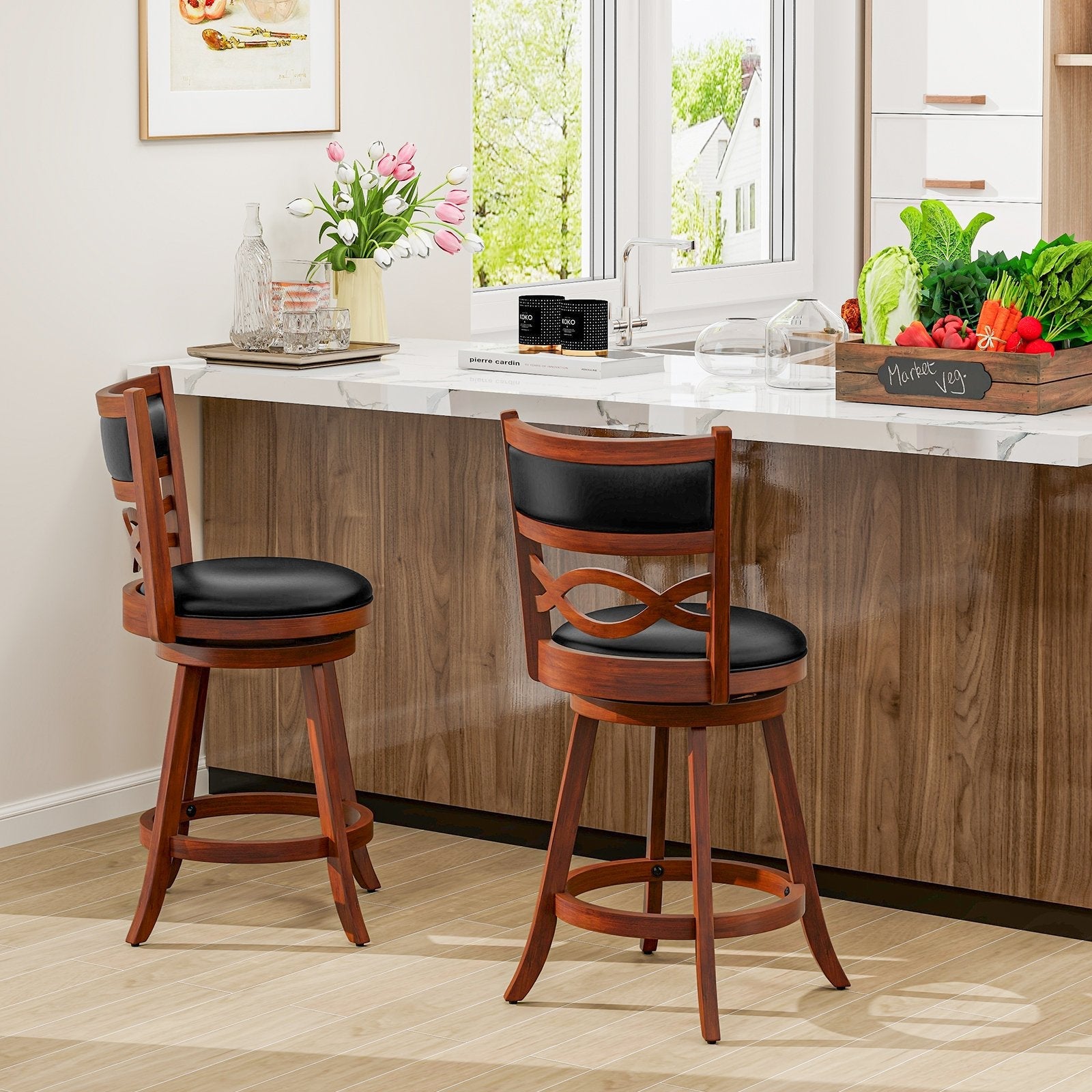Bar Stools Set of 2 with Rubber Wood Frame and Faux Leather Upholstered Seat-29 Inch