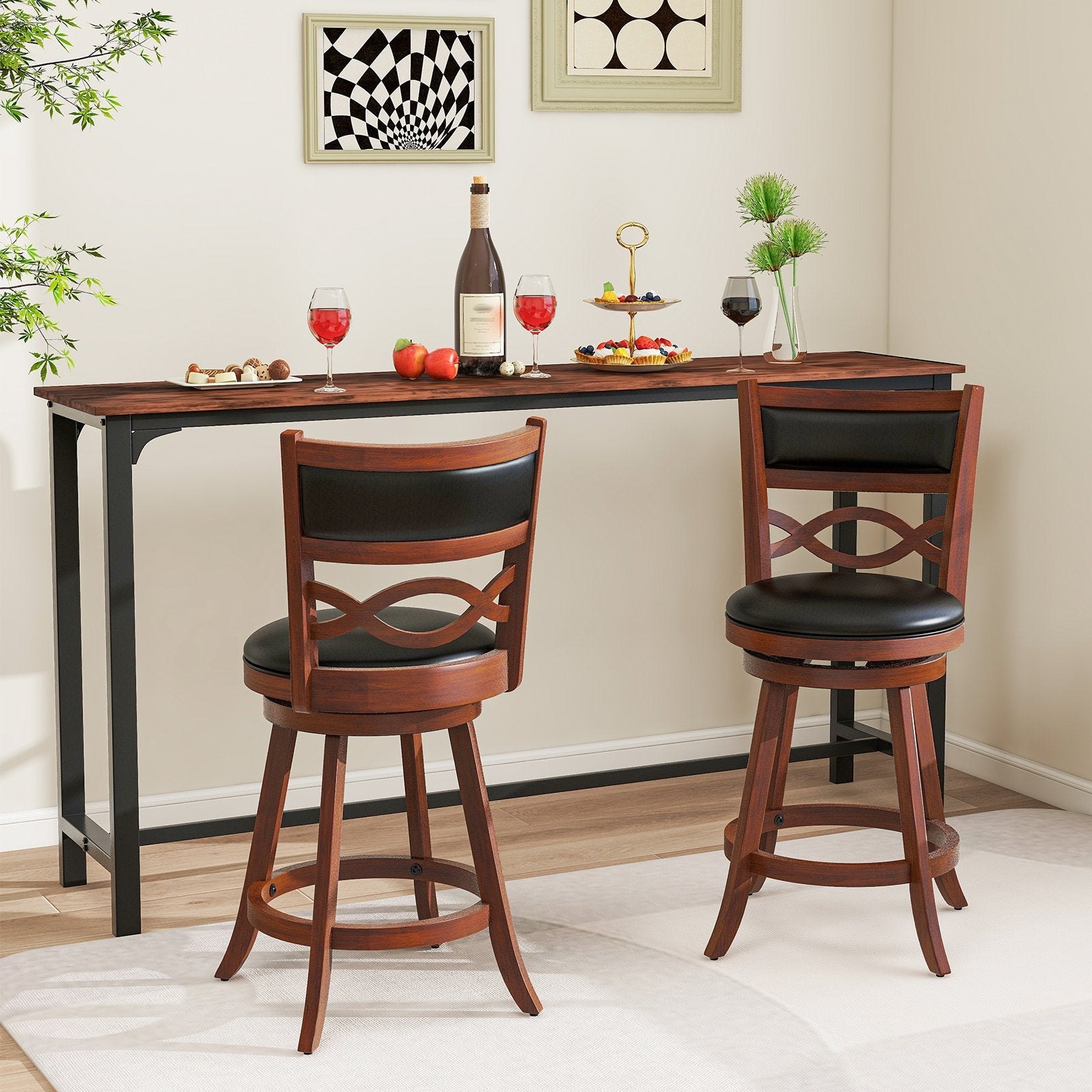 Bar Stools Set of 2 with Rubber Wood Frame and Faux Leather Upholstered Seat-29 Inch
