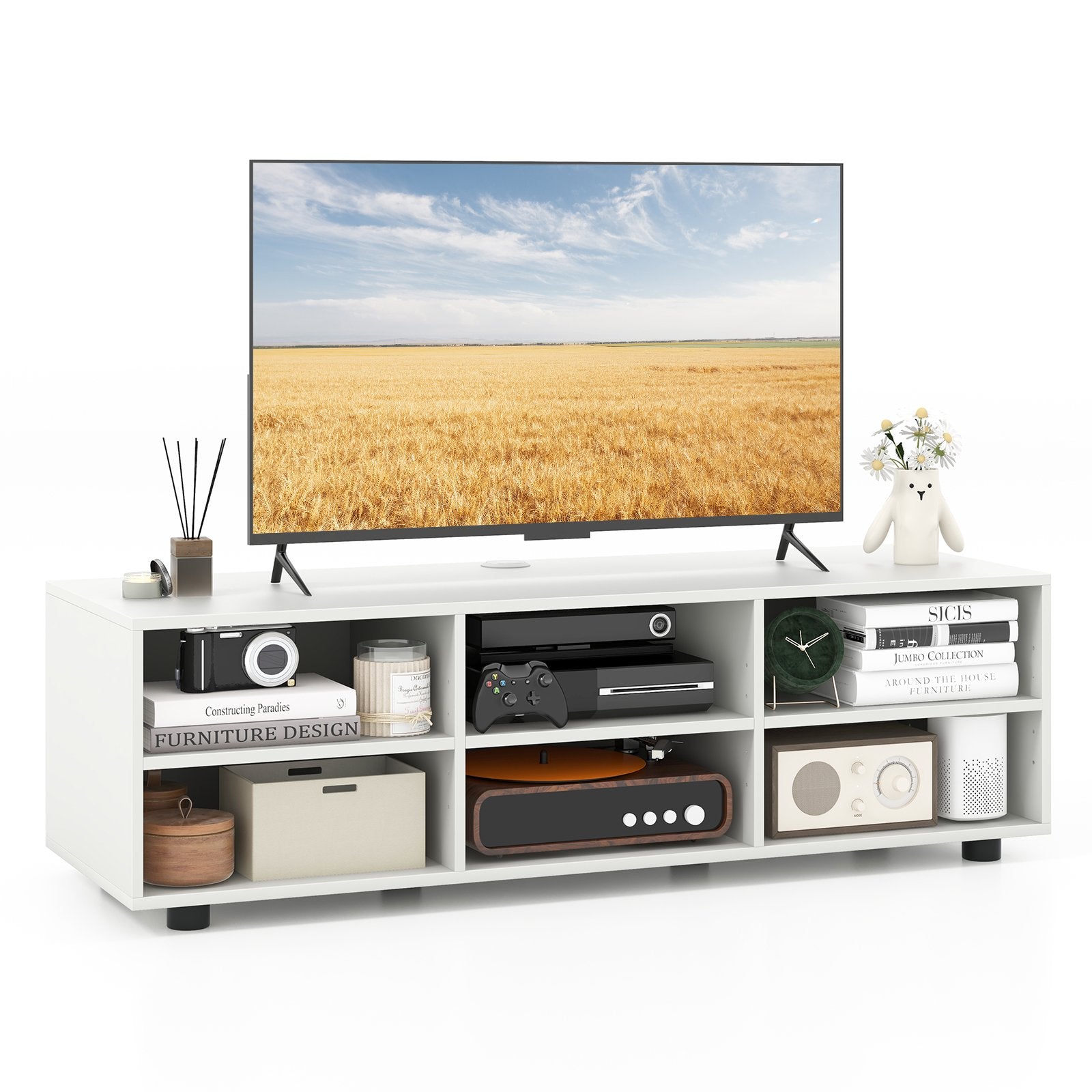 TV Stand for TV up to 55 Inch with 6 Storage Compartments-White