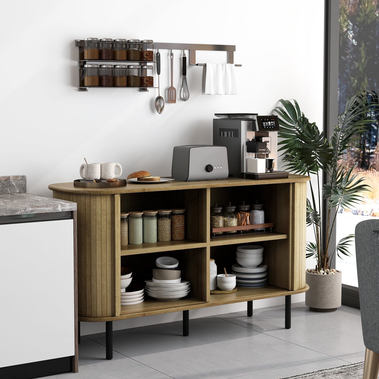 47 Inch Sideboard Buffet Cabinet with Adjustable Shelves for Kitchen Dining Room Living Room Entryway-Oak