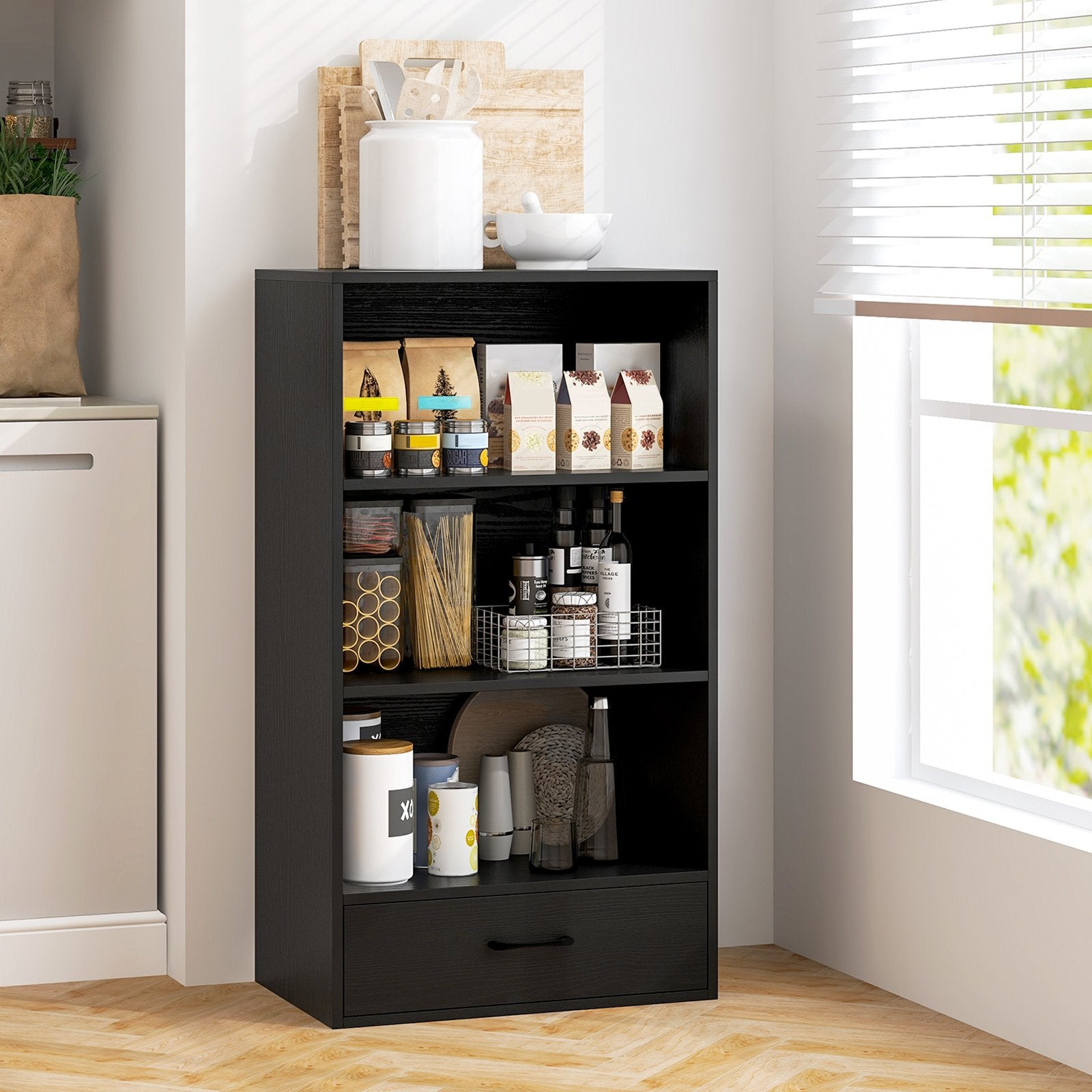 48 Inch Tall 4 Tiers Wood Bookcase with Drawer-Black