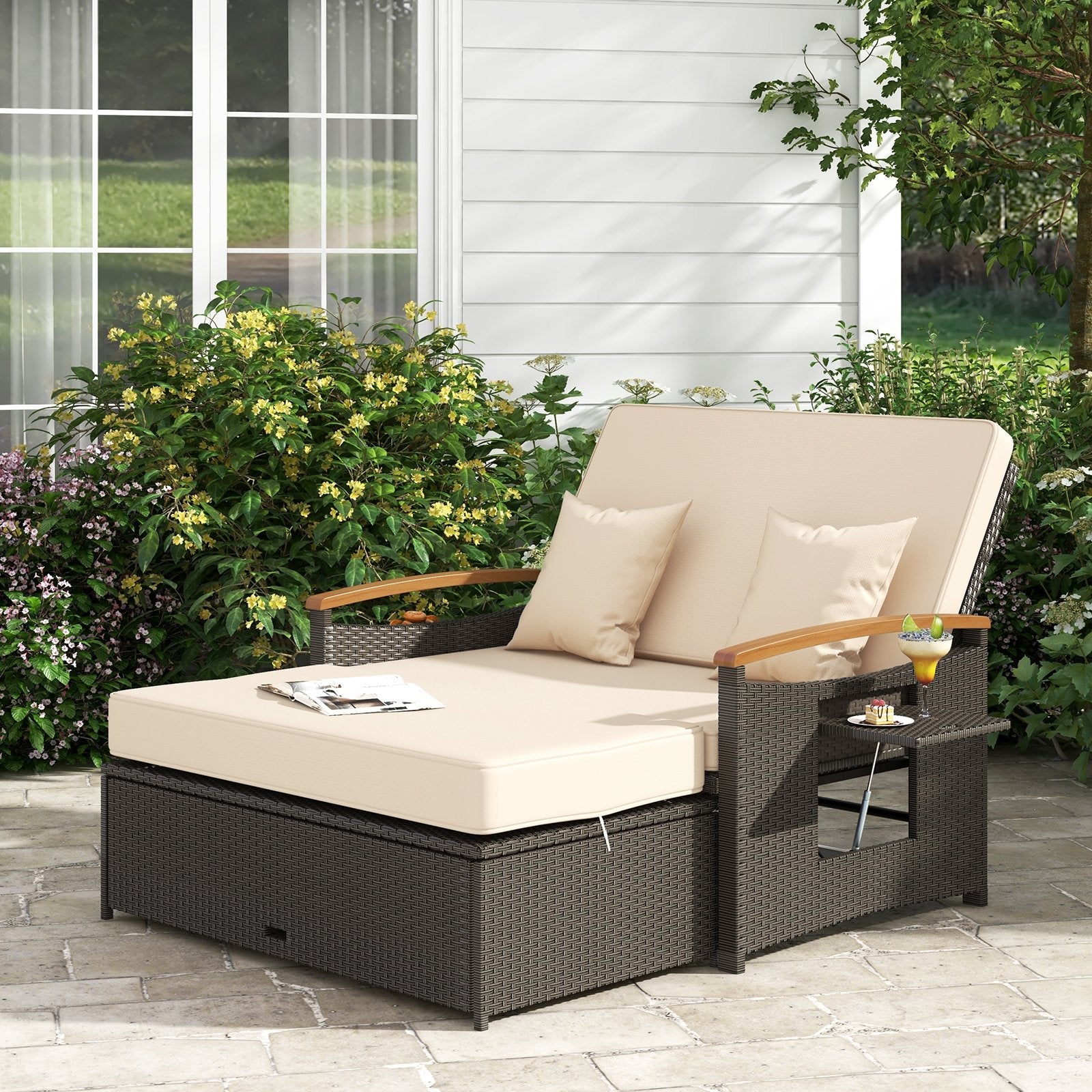 Outdoor Wicker Daybed with Folding Panels and Storage Ottoman-Beige