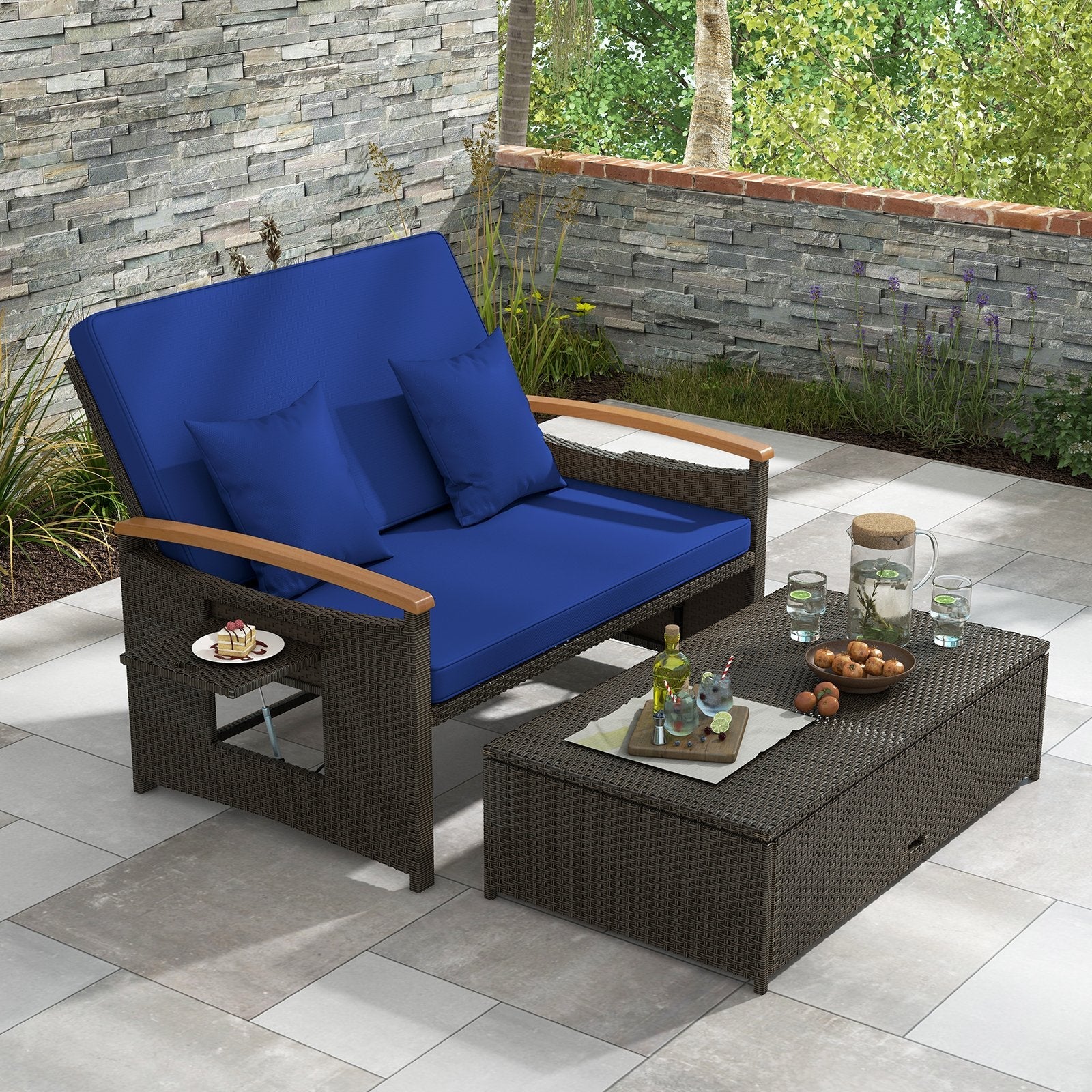 Outdoor Wicker Daybed with Folding Panels and Storage Ottoman-Beige