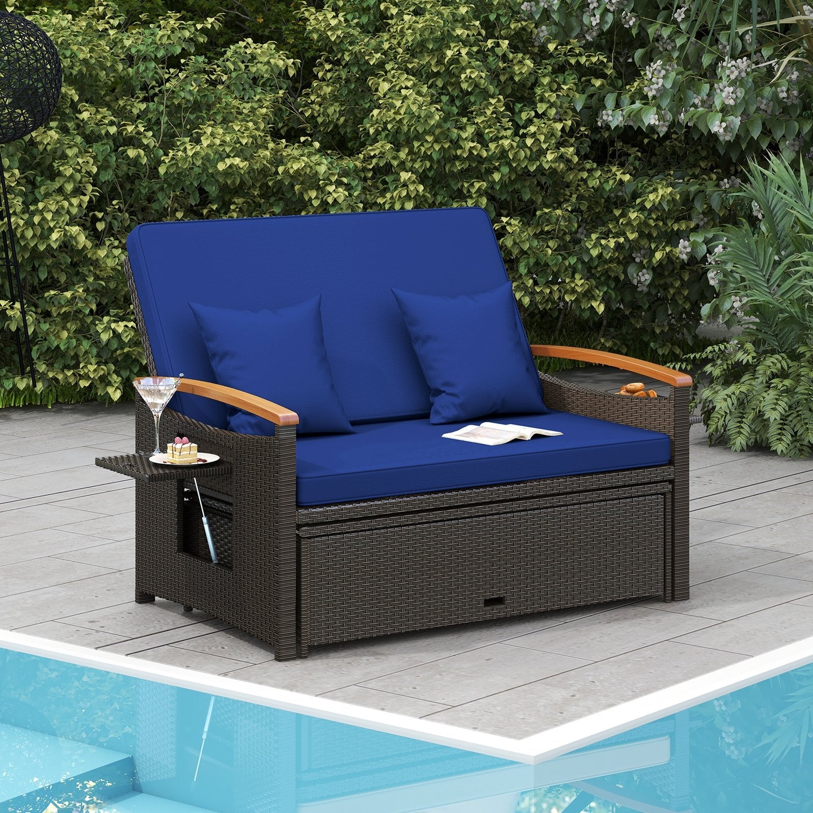 Outdoor Wicker Daybed with Folding Panels and Storage Ottoman-Beige
