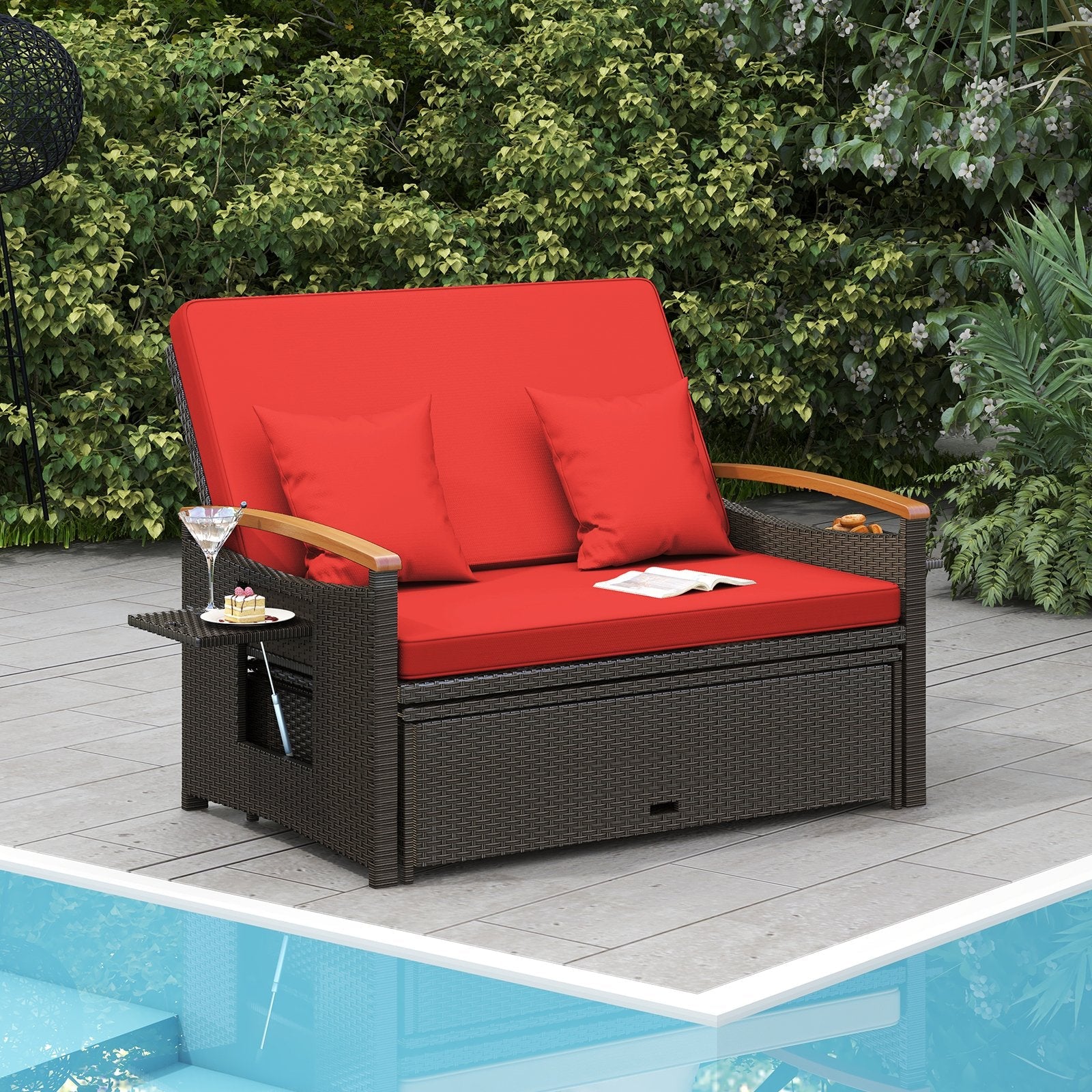 Outdoor Wicker Daybed with Folding Panels and Storage Ottoman-Beige