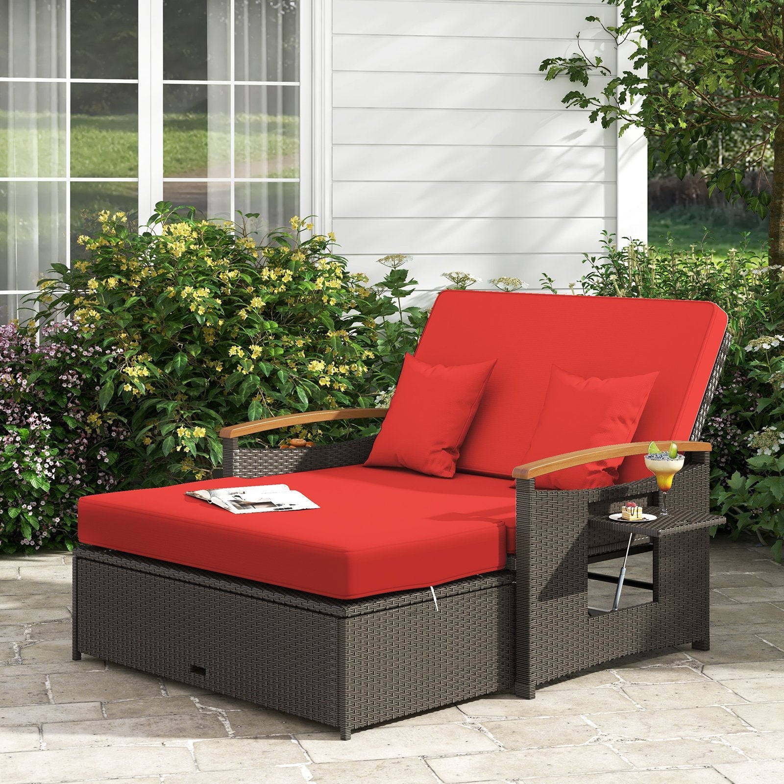 Outdoor Wicker Daybed with Folding Panels and Storage Ottoman-Beige