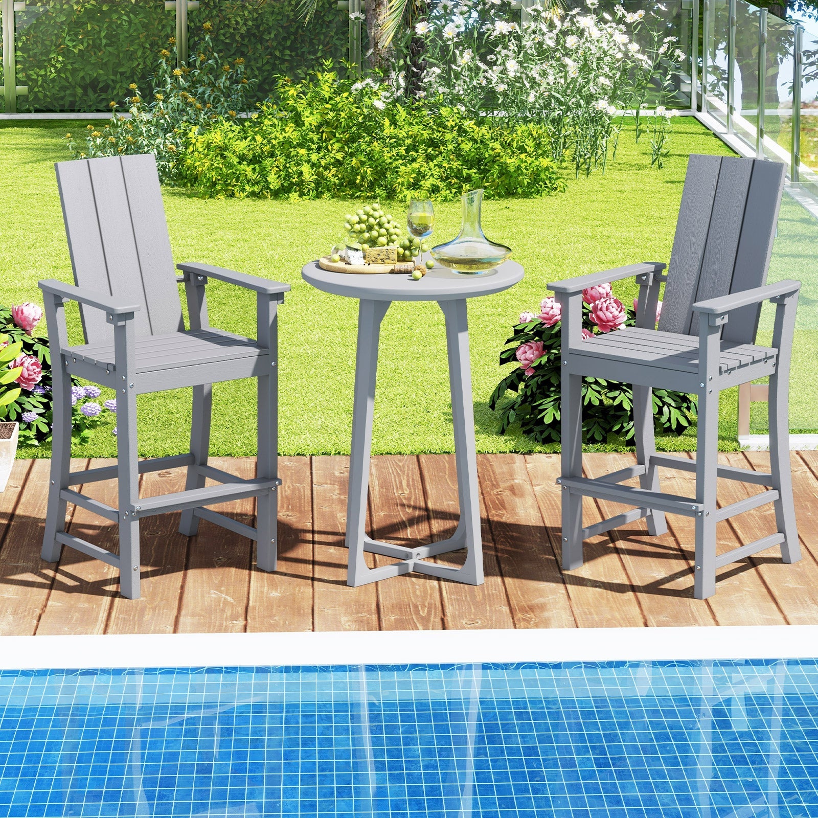 Tall Adirondack Chair Outdoor Bar Stool with Ergonomic Backrest for Backyard-Black