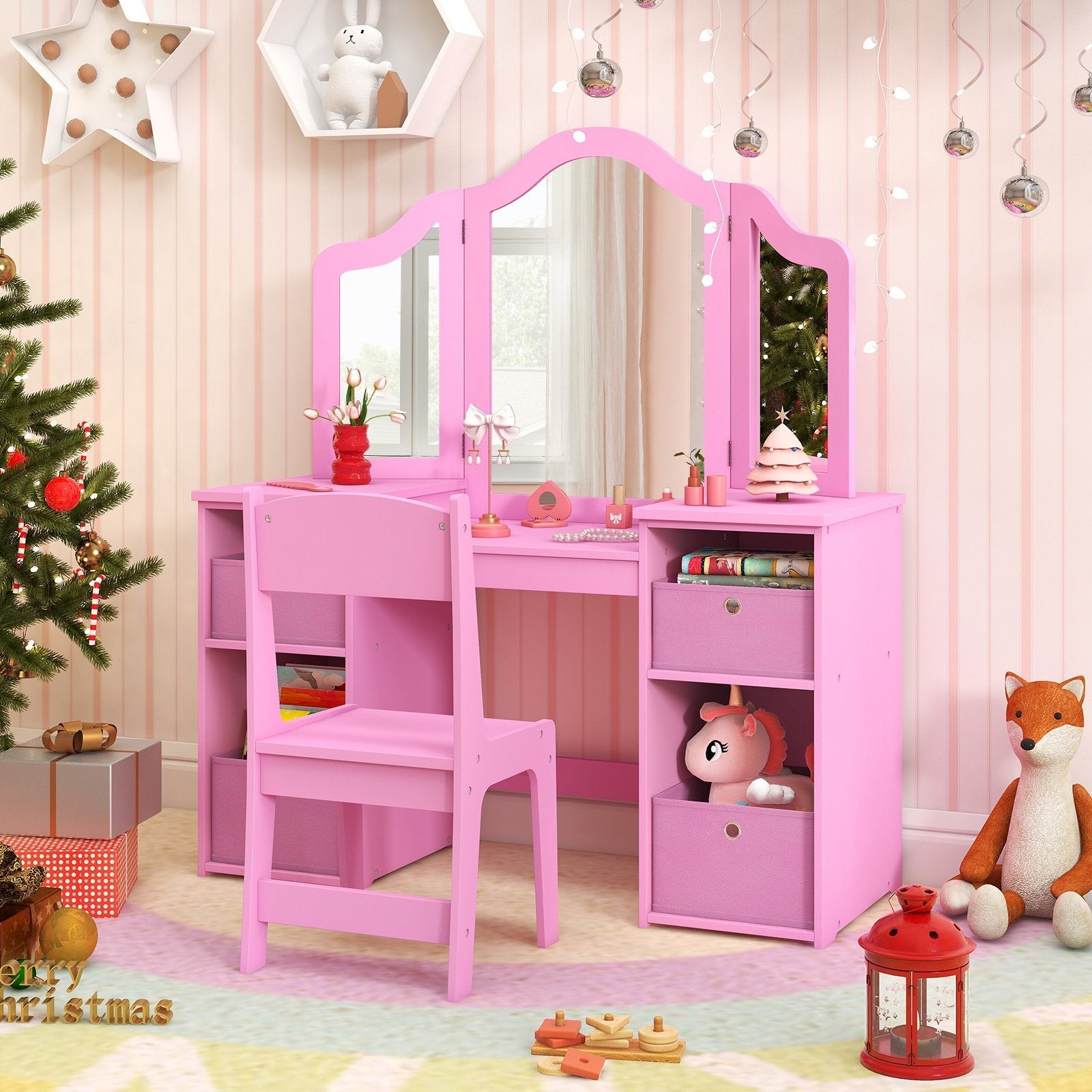 Kids Vanity Table and Chair Set with Removable Mirrors and 4 Storage Bins-Pink