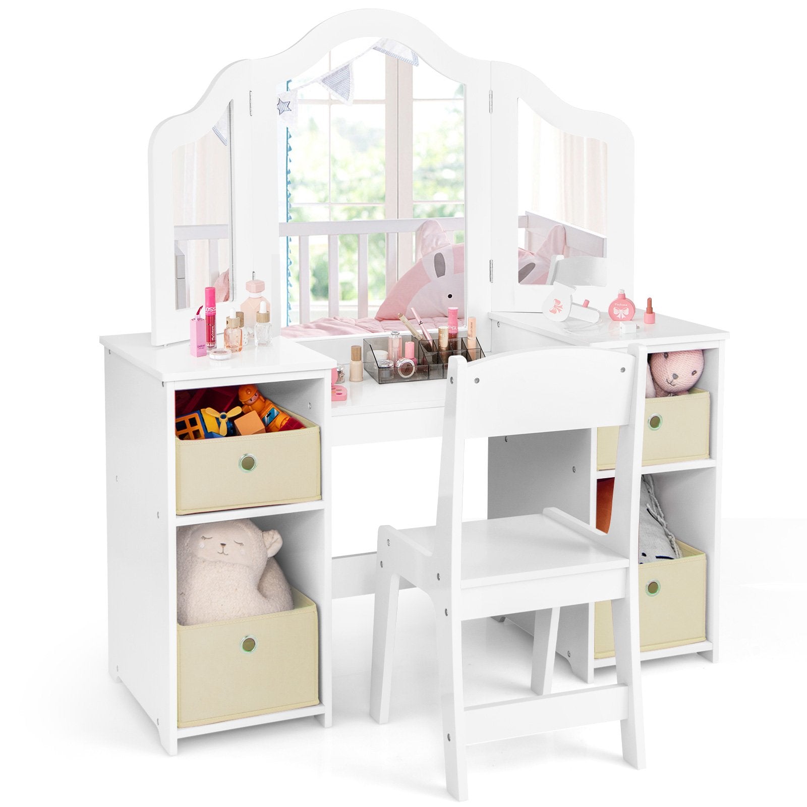 Kids Vanity Table and Chair Set with Removable Mirrors and 4 Storage Bins-Pink