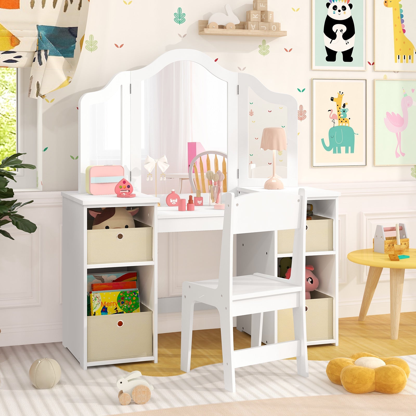 Kids Vanity Table and Chair Set with Removable Mirrors and 4 Storage Bins-Pink