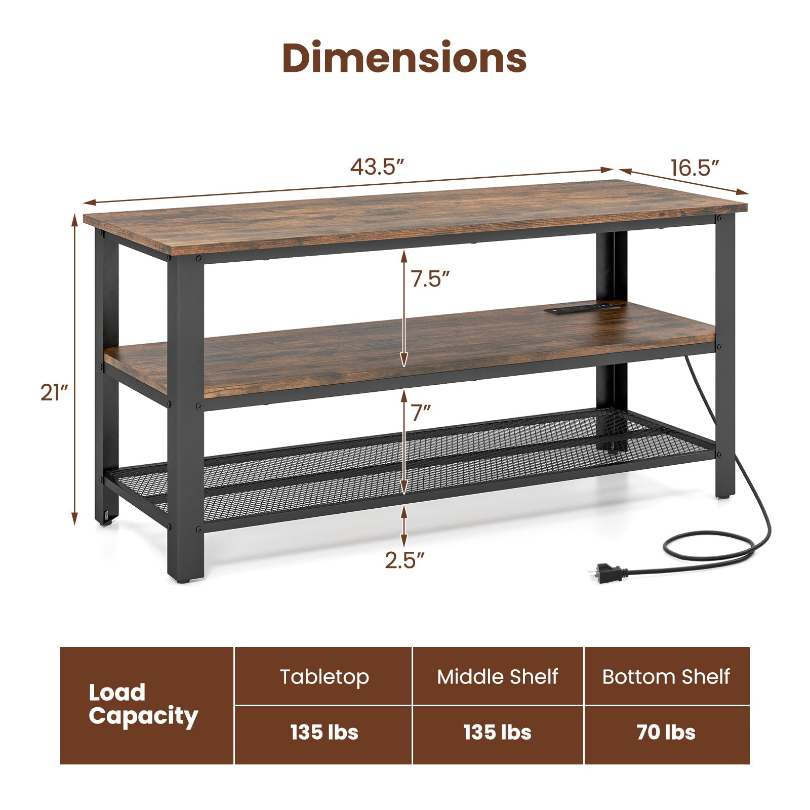 3-Tier Industrial Entertainment TV Stand with Metal Mesh Shelf
