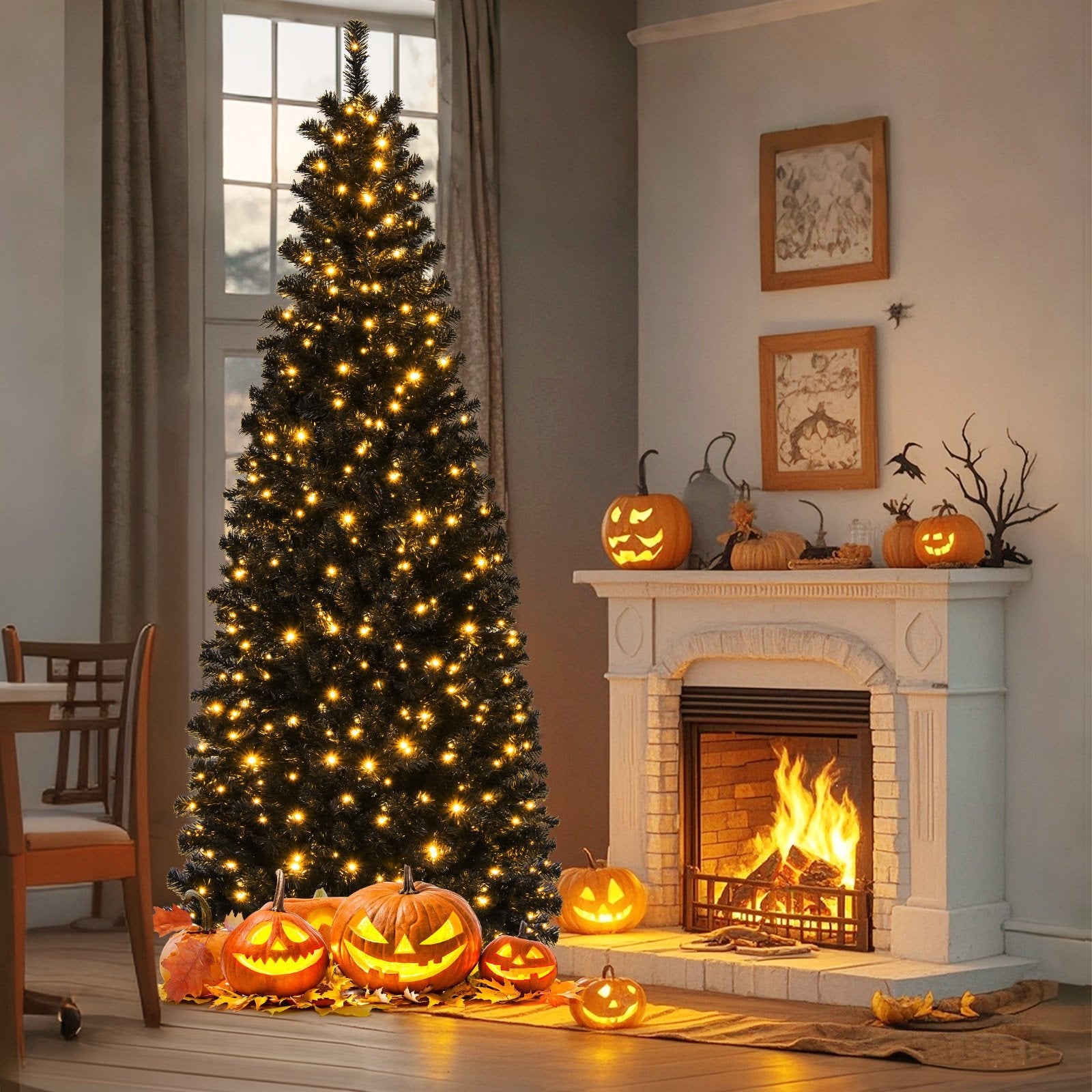 Pre-lit Christmas Halloween Tree with PVC Branch Tips and Warm White Lights-7'