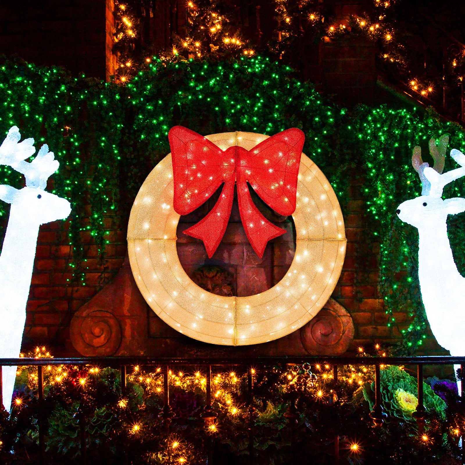 48 Inch Pre-Lit Lighted Christmas Mesh Wreath with Large Bow and 200 LED Bulbs