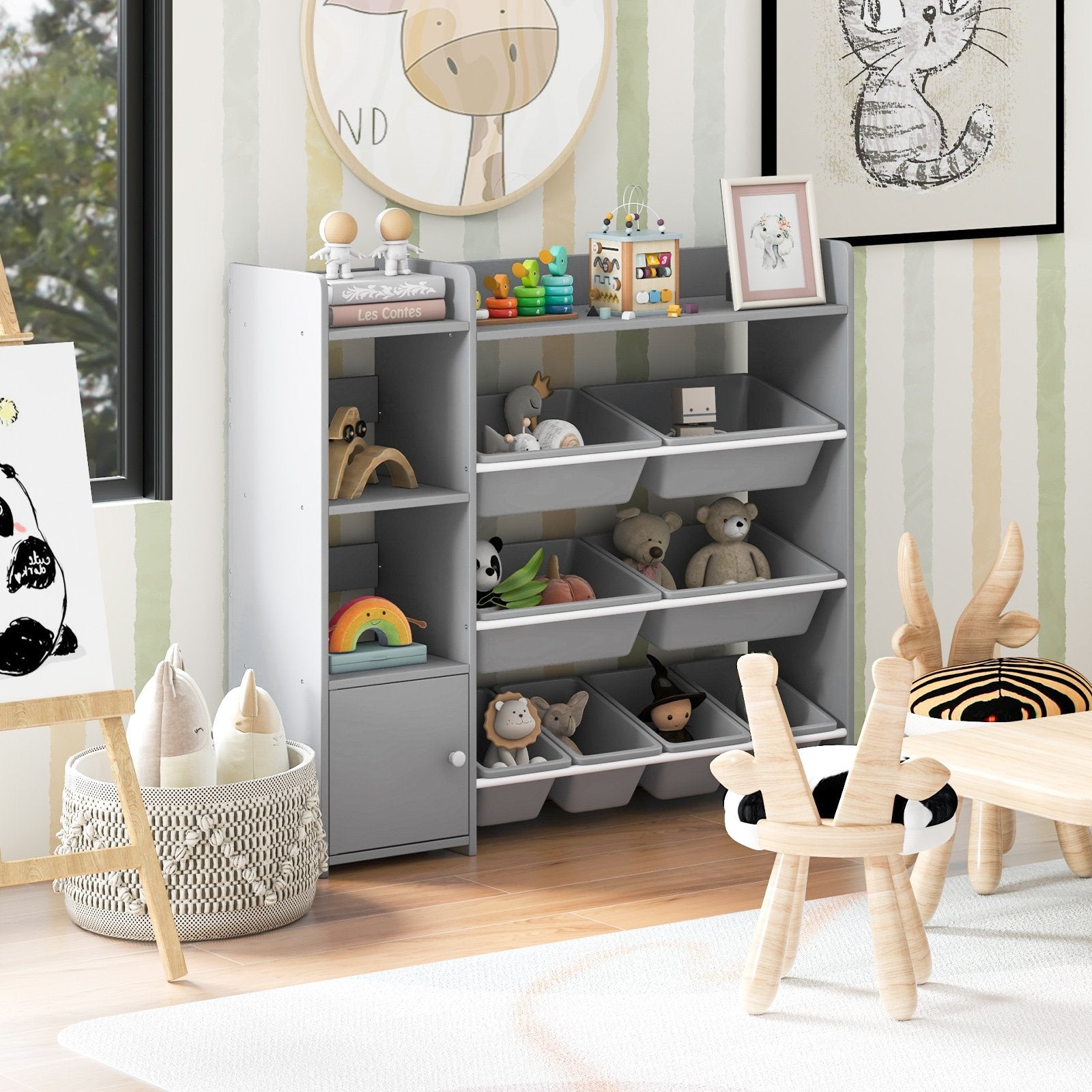 4-Tier Kids Bookshelf and Toy Storage Rack with 8 Toy Organizer Bins-Grey