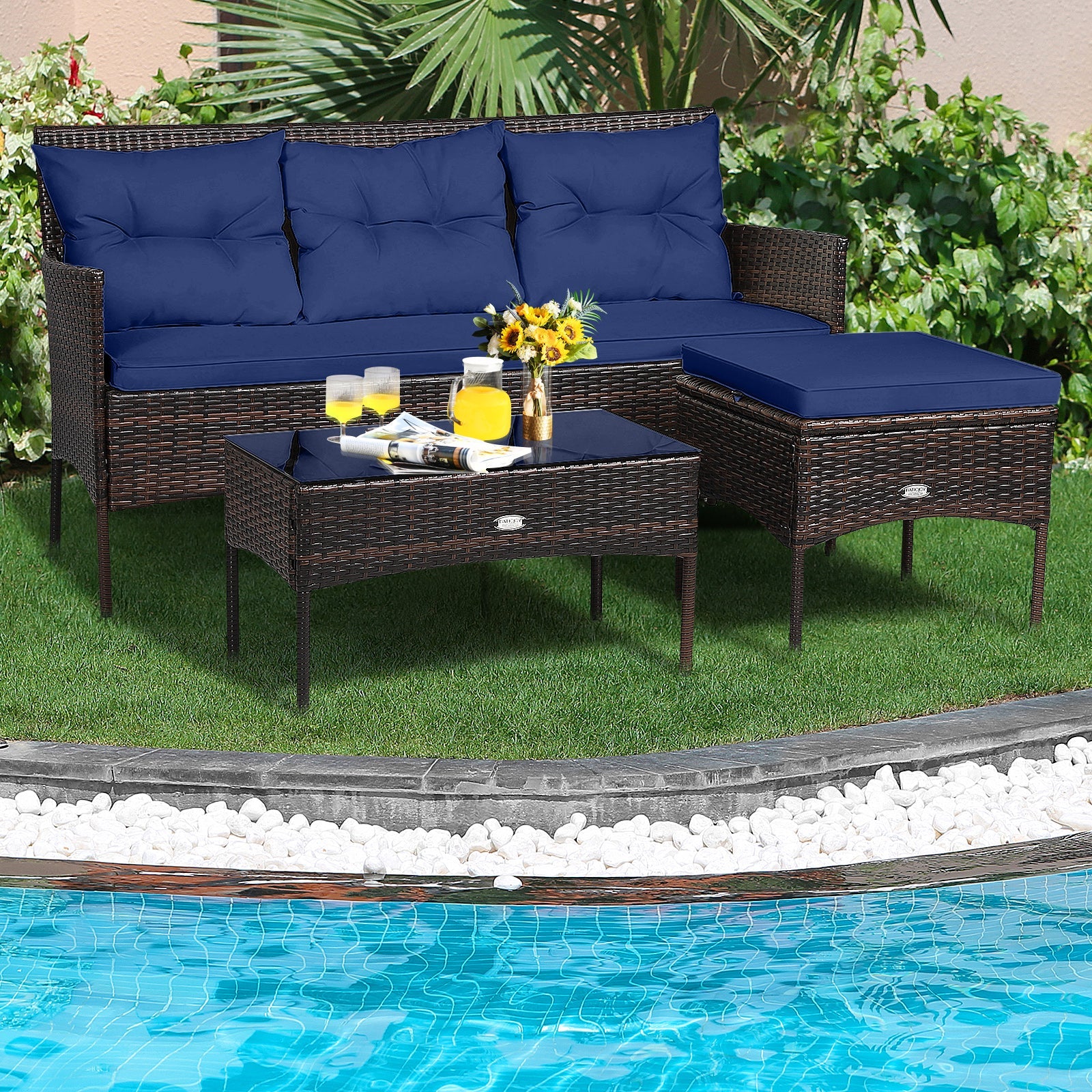 3 Pieces Patio Furniture Sectional Set with 5 Cozy Cushions-Black