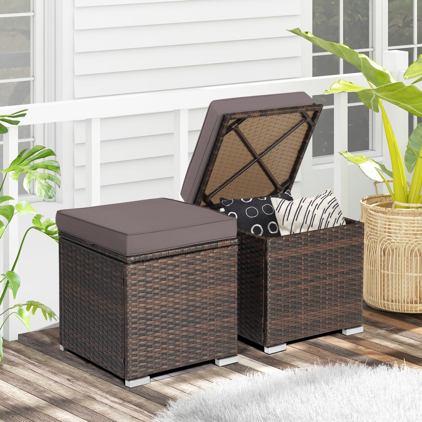 2 Pieces Patio Ottoman with Hidden Storage Space-Black