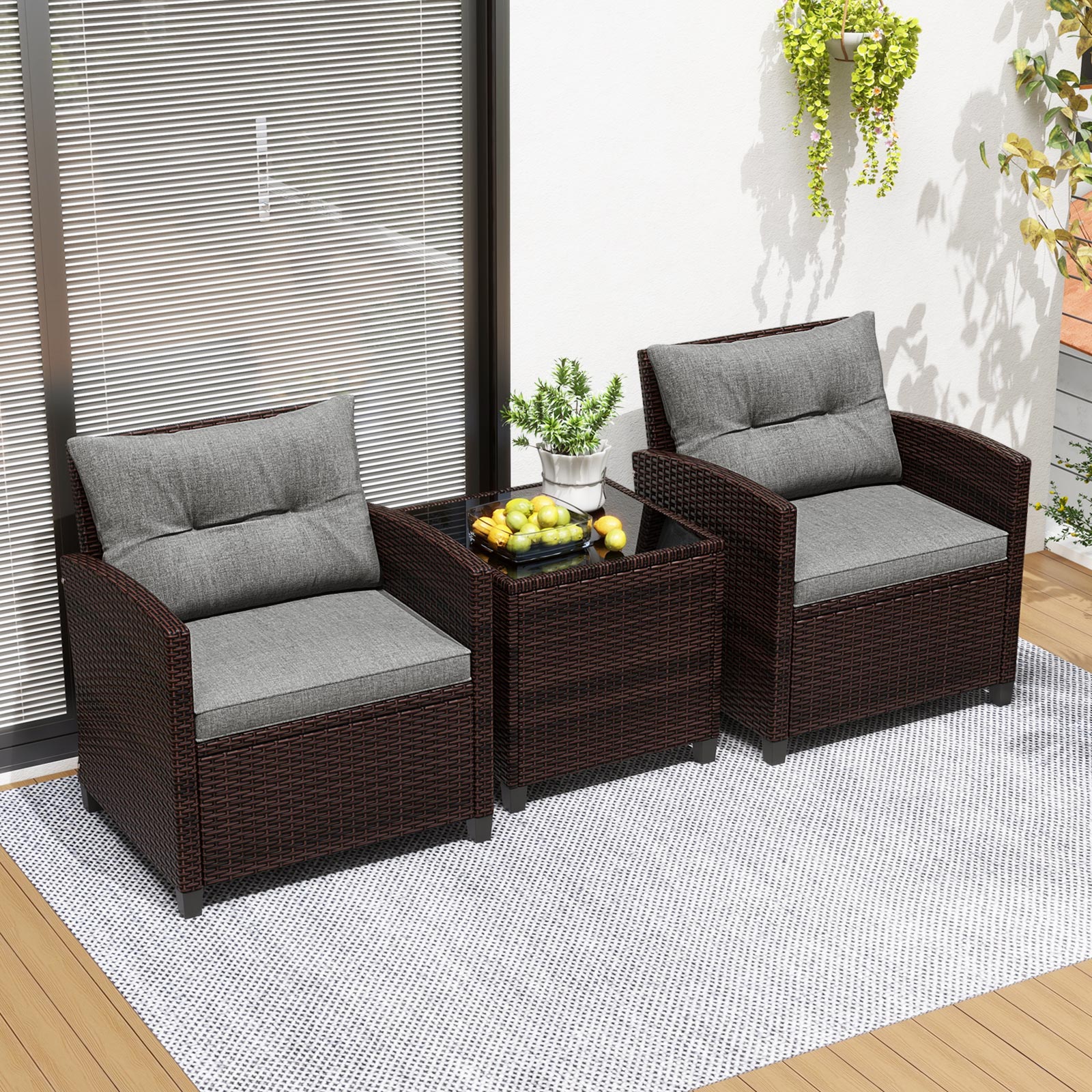 3 Pieces Patio Rattan Furniture Set with 4 Removable Cushions