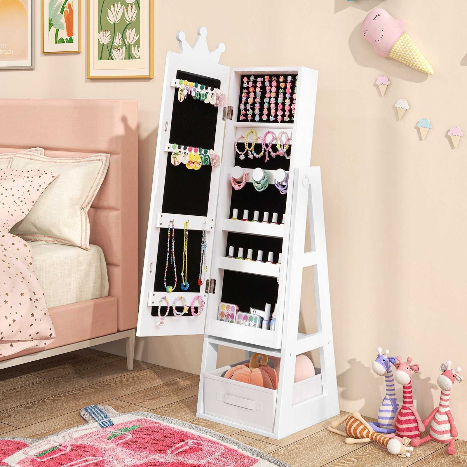 Free-Standing Full Length Kids Jewelry Armoire Cabinet with Storage Capacity-White