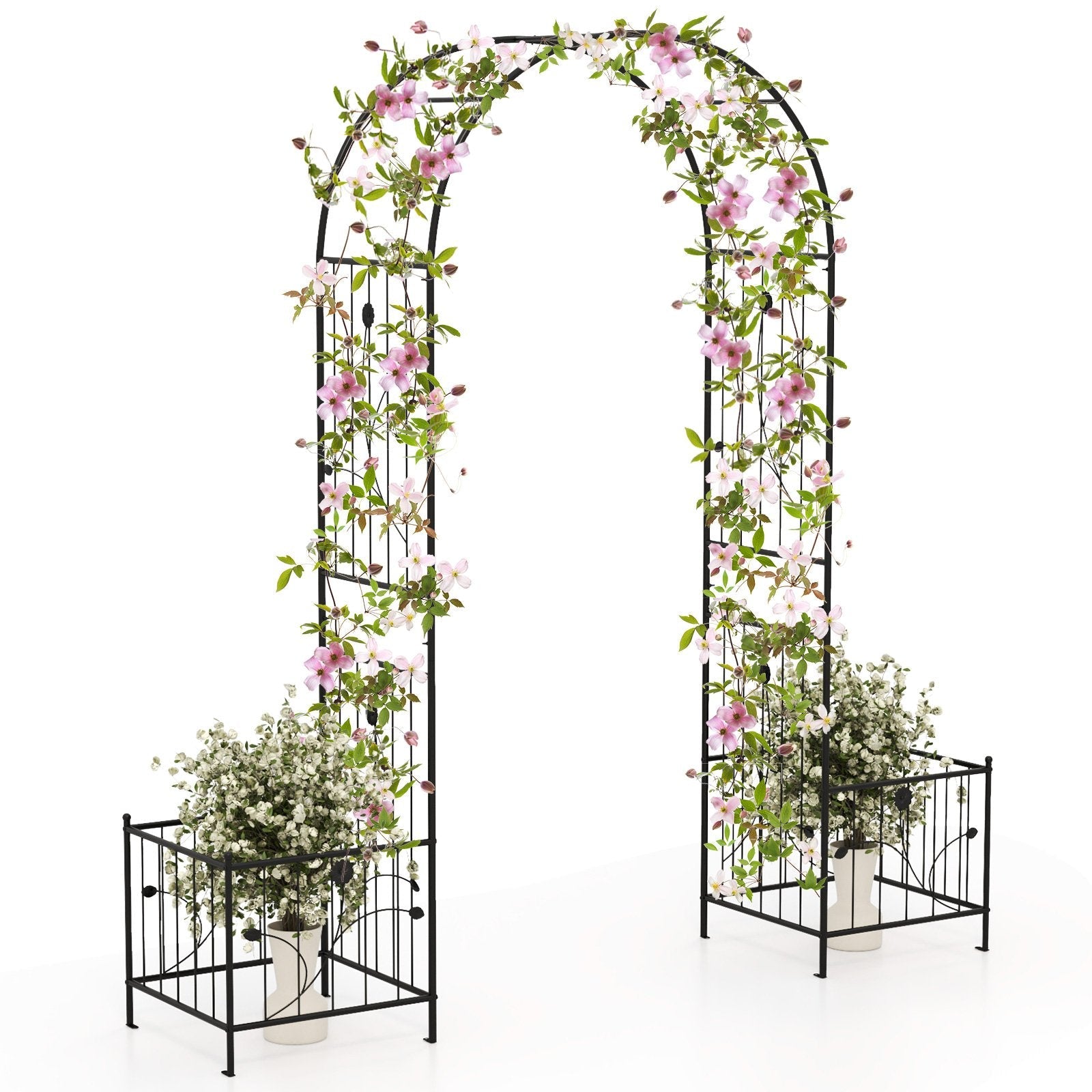 2 in 1 Garden Arbor with 2 Side Planters and 8 Ground Stakes-Black