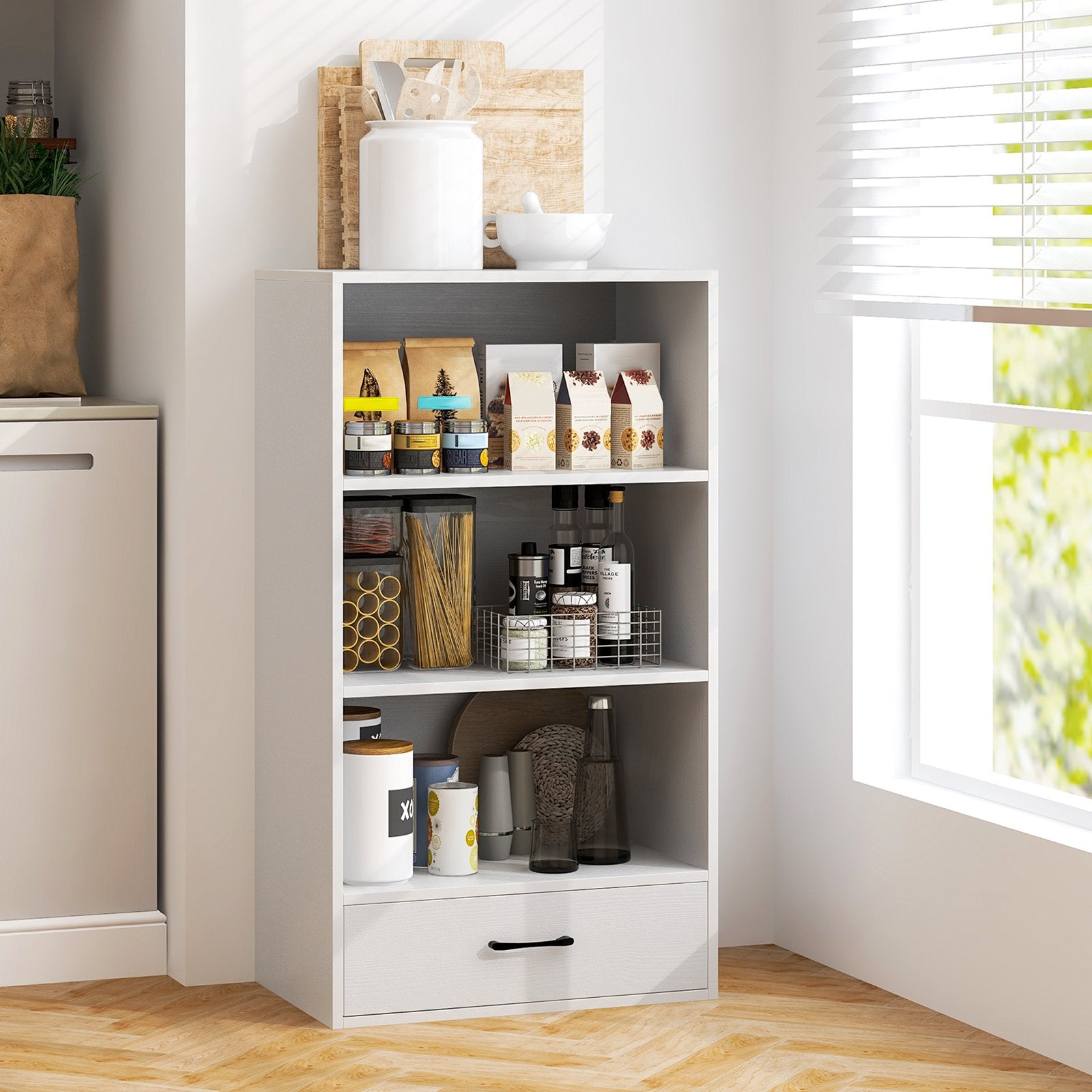 48 Inch Tall 4 Tiers Wood Bookcase with Drawer-Black