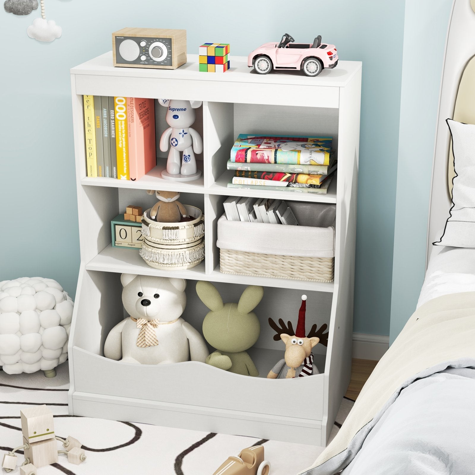 3-Tier Children's Multi-Functional Bookcase Toy Storage Bin Floor Cabinet-Gray