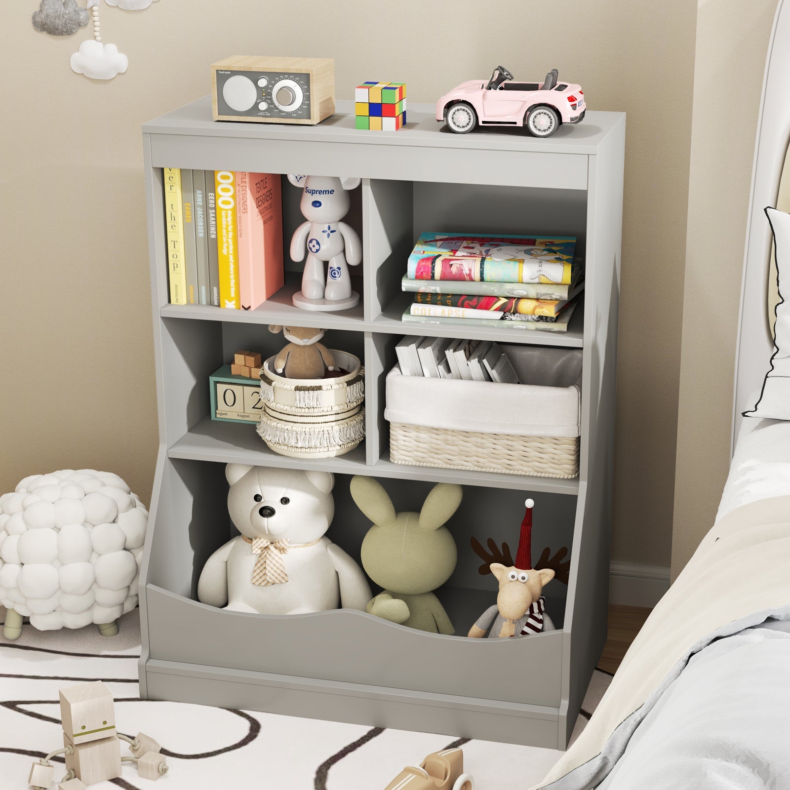 3-Tier Children's Multi-Functional Bookcase Toy Storage Bin Floor Cabinet-Gray