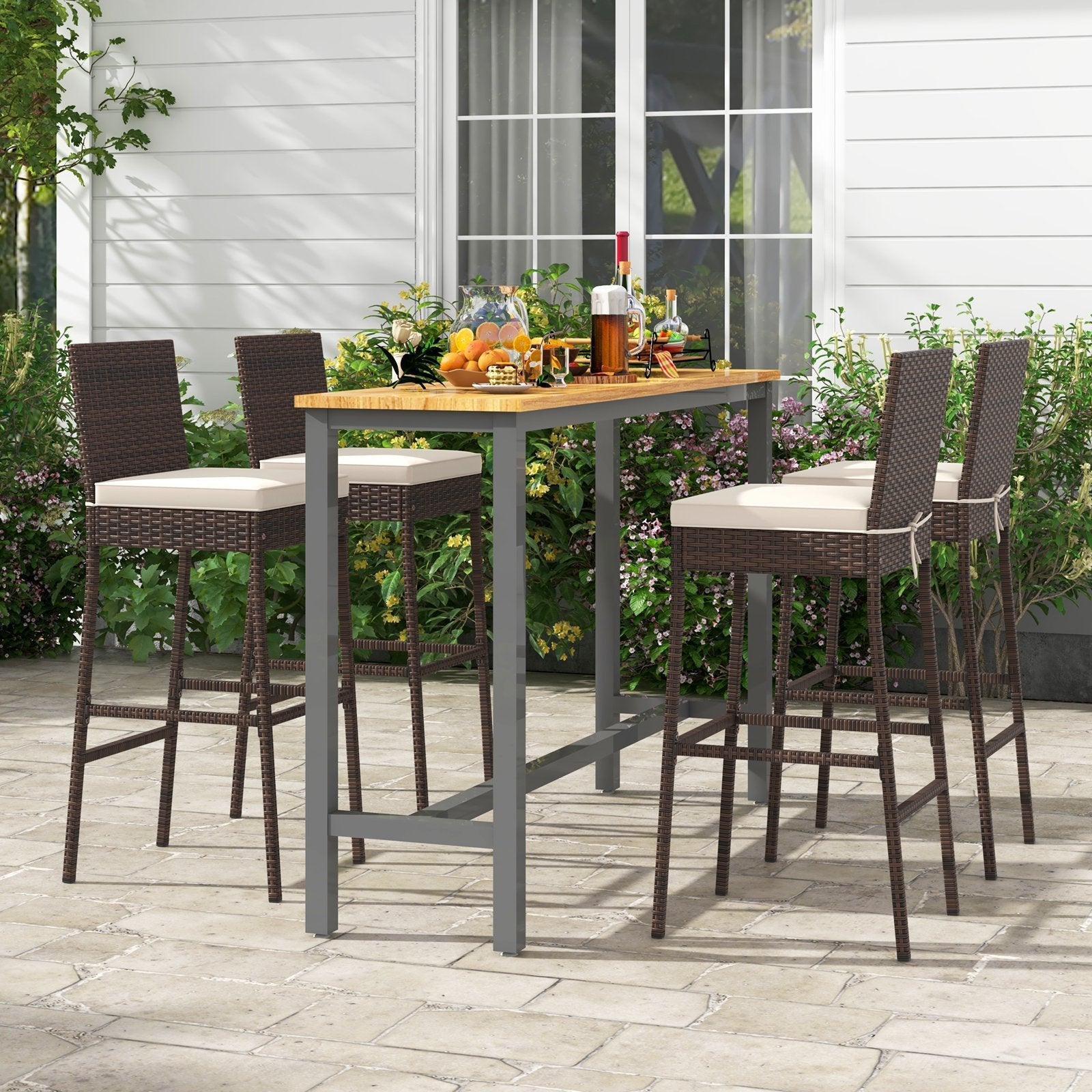 2 Pieces Patio Cushioned Wicker Barstools with Cozy Footrest-Set of 2